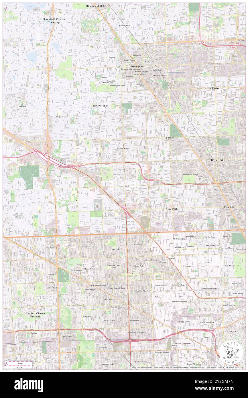 Southfield, Oakland County, USA, USA, Michigan, n 42 28' 24'', S 83 13' 18'', Karte, Cartascapes Map, veröffentlicht 2024. Erkunden Sie Cartascapes, eine Karte, die die vielfältigen Landschaften, Kulturen und Ökosysteme der Erde enthüllt. Reisen Sie durch Zeit und Raum und entdecken Sie die Verflechtungen der Vergangenheit, Gegenwart und Zukunft unseres Planeten. Stockfoto