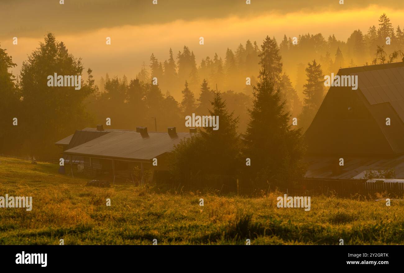 Schöner, nebeliger Sonnenaufgang über einem Bergdorf in den Karpaten. Polen Stockfoto