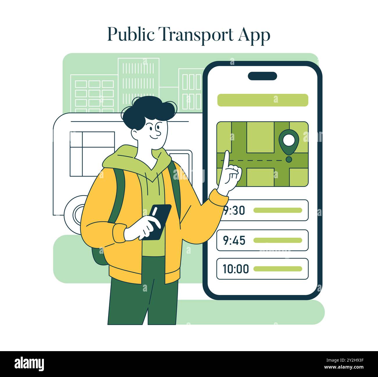 World Car Free Day Konzept. Illustration, in der eine Person mit einer App für öffentliche Verkehrsmittel in Stadtbussen navigiert und umweltfreundliches Reisen fördert. Vektorabbildung. Stock Vektor