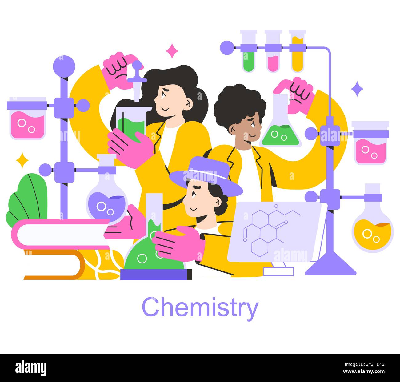 Kollaboratives Lernen. Die Schüler führen gemeinsam mit Begeisterung ein Chemieexperiment durch. Teamarbeit in Bildung und wissenschaftlicher Forschung. Vektorabbildung. Stock Vektor