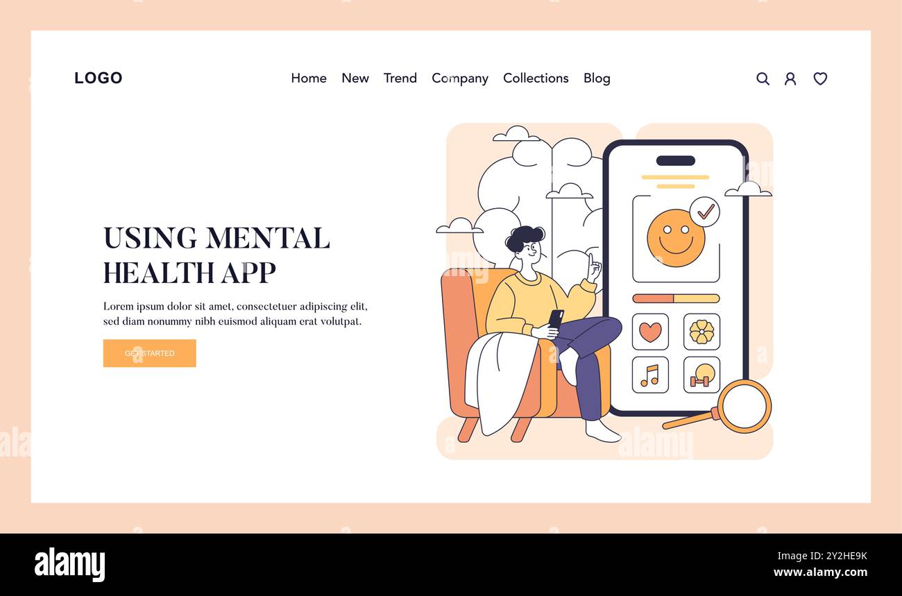 Mental Health App-Konzept. Illustration einer Person, die eine mobile Anwendung für emotionales Wohlbefinden auf einem gemütlichen Sessel verwendet. Vektorabbildung. Stock Vektor
