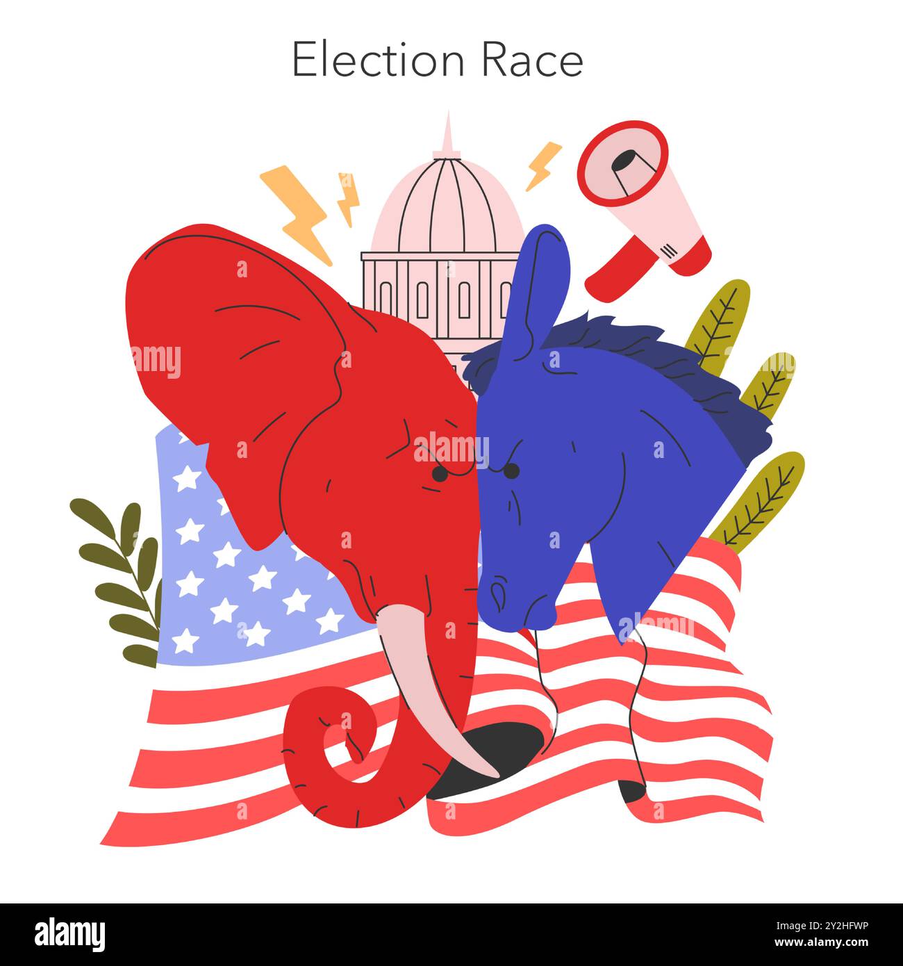 Wahlkampf-Konzept. Animierte Elefanten und Esel, die politische Parteien in den USA repräsentieren, mit Capitol-Silhouette. Demokratie und Wettbewerb. Vektorabbildung. Stock Vektor