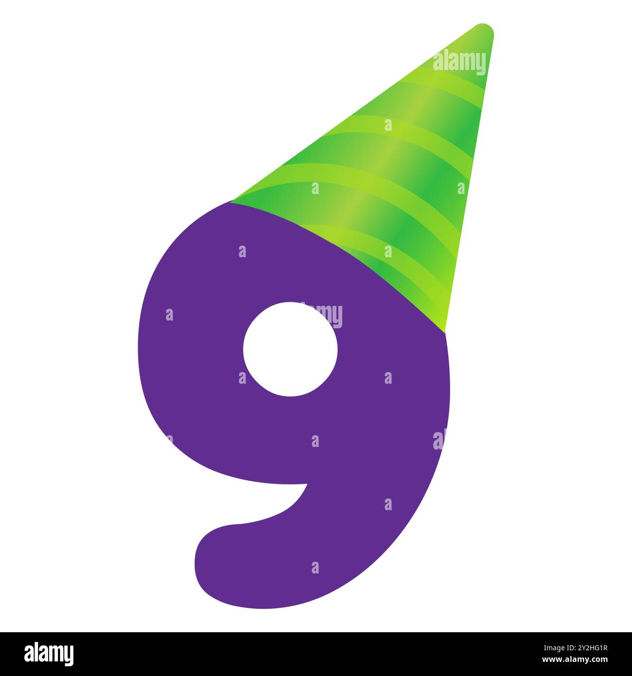 Feiern Sie den 9. Jahrestag mit der lila Nummer 9 mit grünem Partyhut. Vektor-Zeichentrickfilm Nummer 9 im Geburtstagshut. Verwendung für Geburtstage, Hochzeiten, Stock Vektor