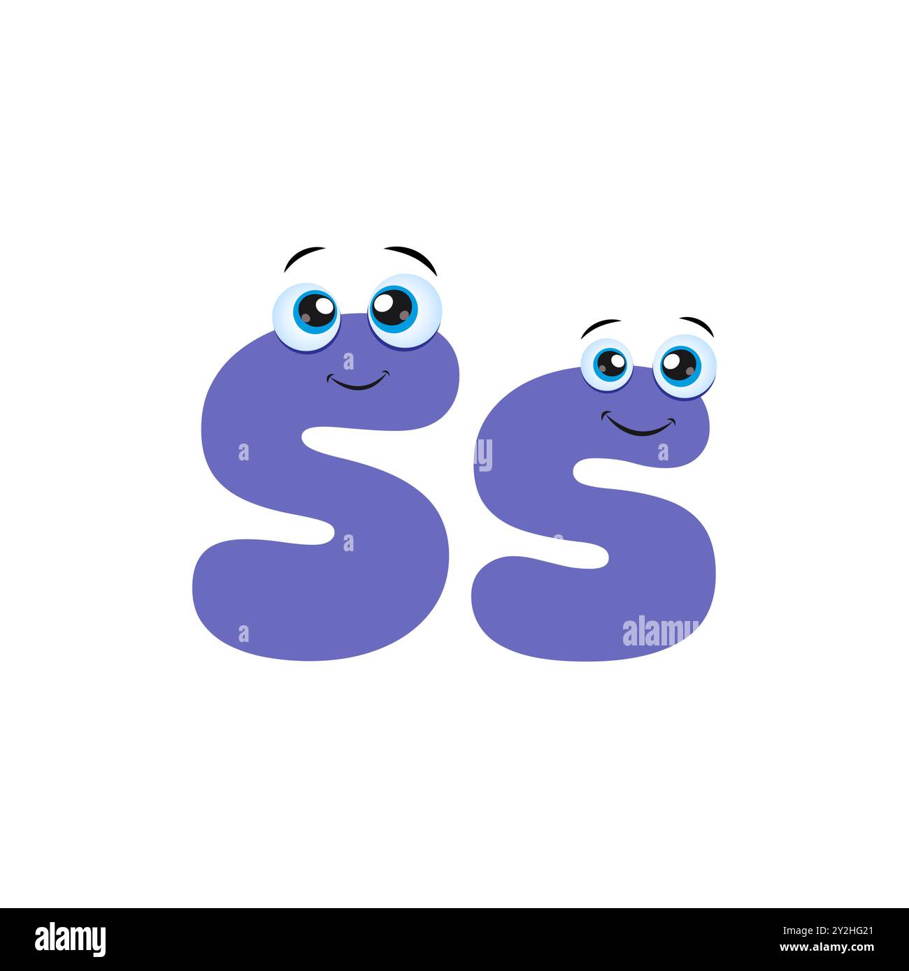 Niedlicher violetter S-Buchstabe mit Augen Cartoon-Charakter. Niedliches abc-Design für Bucheinband, Poster, Karte, Aufdruck auf Babykleidung, Kissen usw. Abbildung: F Stock Vektor
