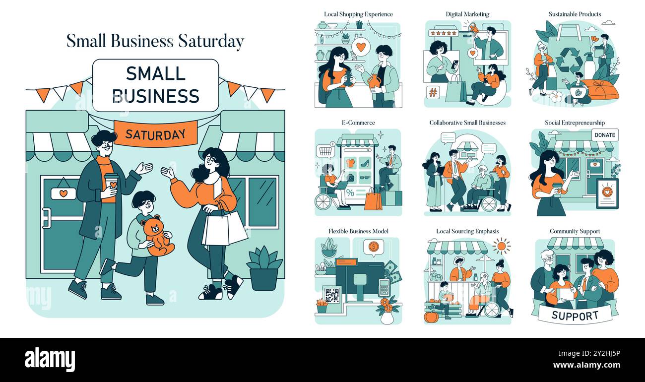 Small Business Saturday Konzept. Unterstützung von Gemeinschaftseinkäufen und Unternehmergeist. Lokaler Markt, digitale Präsenz, Nachhaltigkeit. Vektorabbildung. Stock Vektor