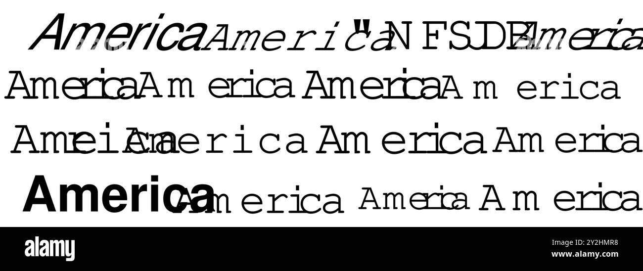 Verschiedene künstlerische Darstellungen des Wortes America in verschiedenen Schriftarten und Stilen auf einem einfachen Hintergrund Stock Vektor