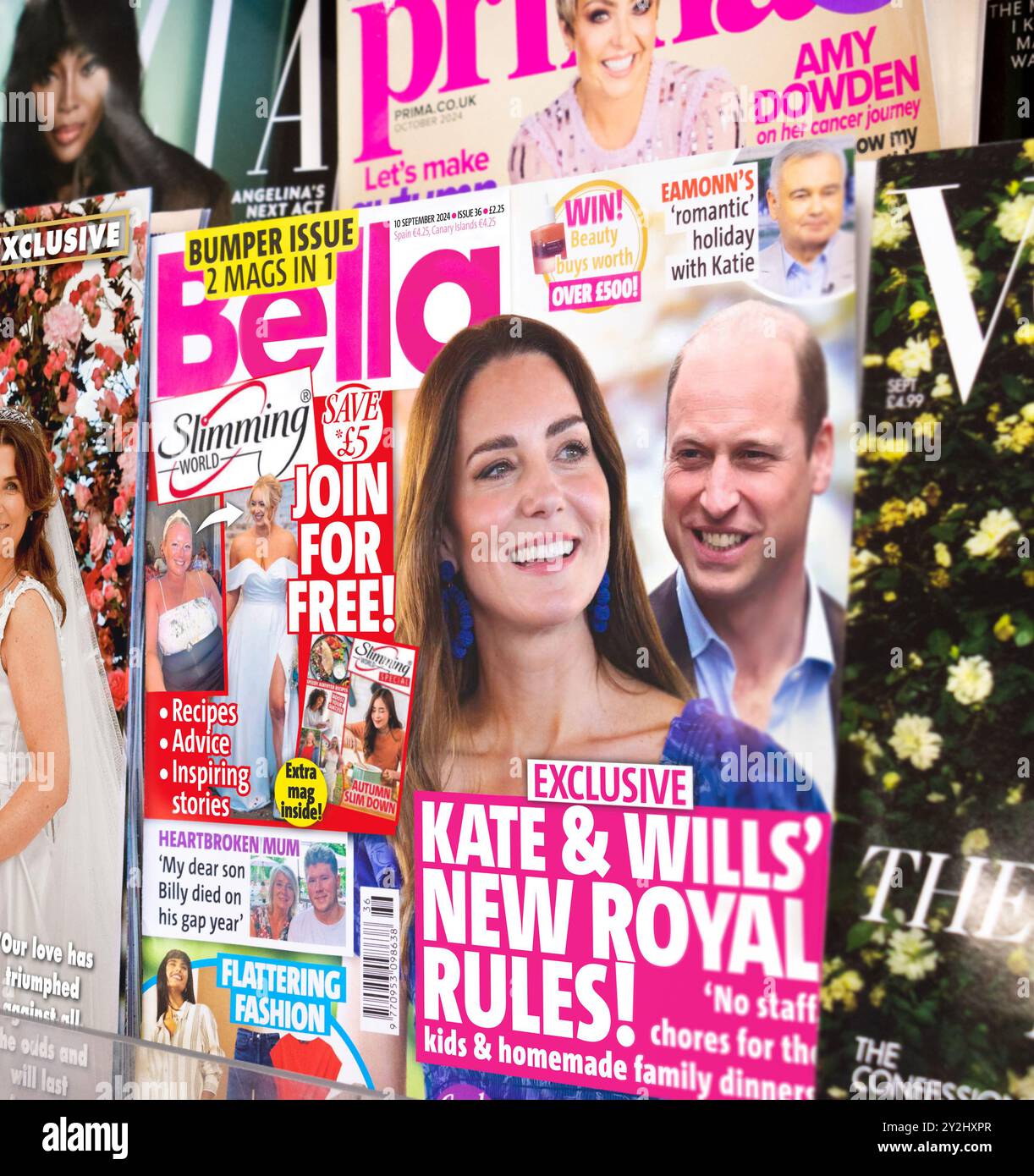 London, UK, 4. September 2024: Kate Middleton, Prinzessin von Wales und Prinz William auf dem Cover der Zeitschrift Bella. Ausgaben zum Zeitungskiosk für Druckzeitschriften. Stockfoto