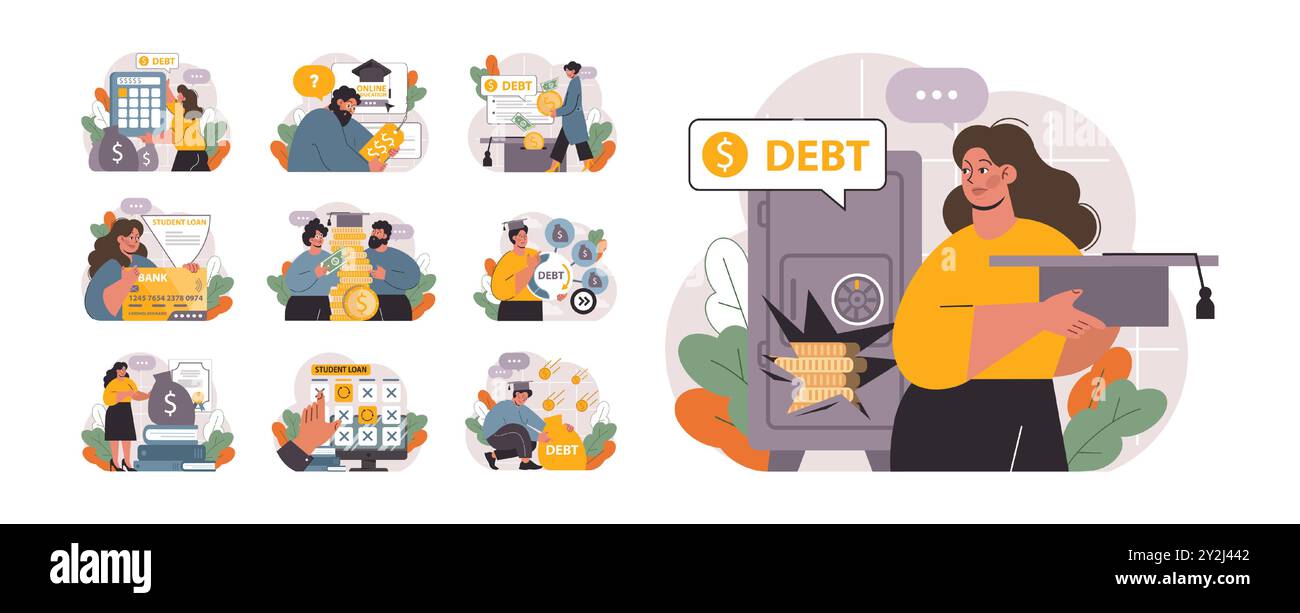 Studentenverbindlichkeiten festgelegt. Junge Absolventen mit einer Finanzkrise. Finanzieller Bildungskredit. Zahlungsproblem nach Abschluss. Illustration des flachen Vektors Stock Vektor