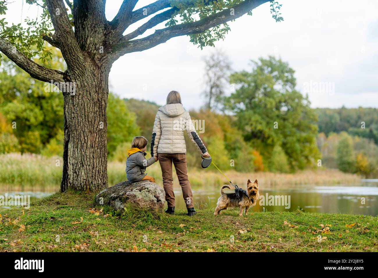 Mutter und ihr kleiner Sohn gehen im Spätherbst-Park mit ihrem Stammhund australischen Terrierhund. Herbstporträt von schwarzem und braunem reinrassigem Au Stockfoto