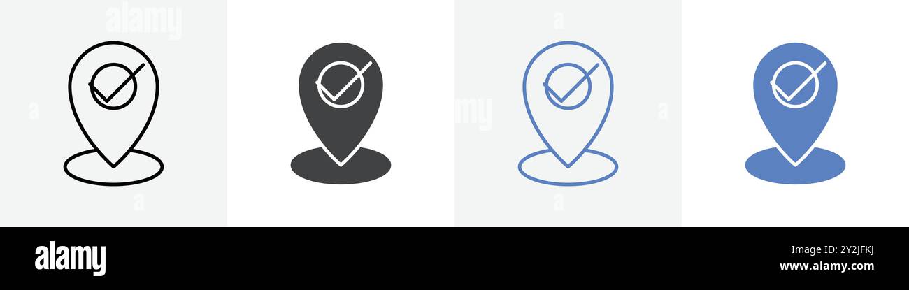 Vor Ort angekommen Symbol lineare dünne Linie Symbol Grafik schwarz-weiß gesetzt Stock Vektor