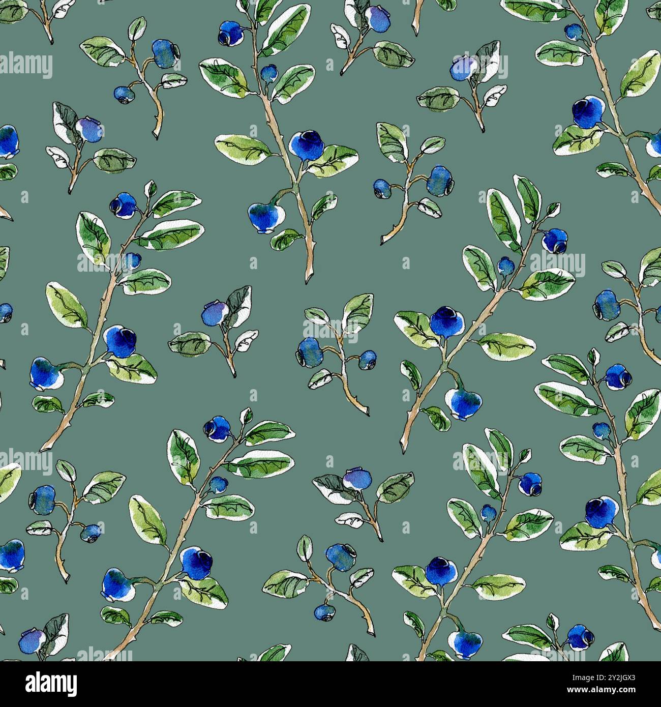 Handgezeichnetes nahtloses Aquarellmuster mit Blaubeeren auf graublauem Hintergrund. Punktstruktur. Einfaches Natiral-Ornament. Stockfoto