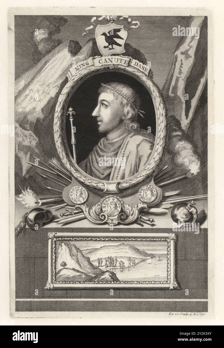 Cnut der große, König von England, Dänemark und Norwegen. Ovales Porträt im Profil mit Diadem und Zepter, Wappen, Robben, Helmen und Waffen. Vignette von Cnut am Strand, die versucht, die Flut zu stoppen. King Canute the Dane, ca. 990-1035. Kupferstich gezeichnet und graviert von George Vertue aus seinem eigenen The Heads of the Kings of England, passend für Mr Rapins Geschichte, übersetzt von N. Tindal, gedruckt für James, John and Paul Knapton, London, 1736. Stockfoto