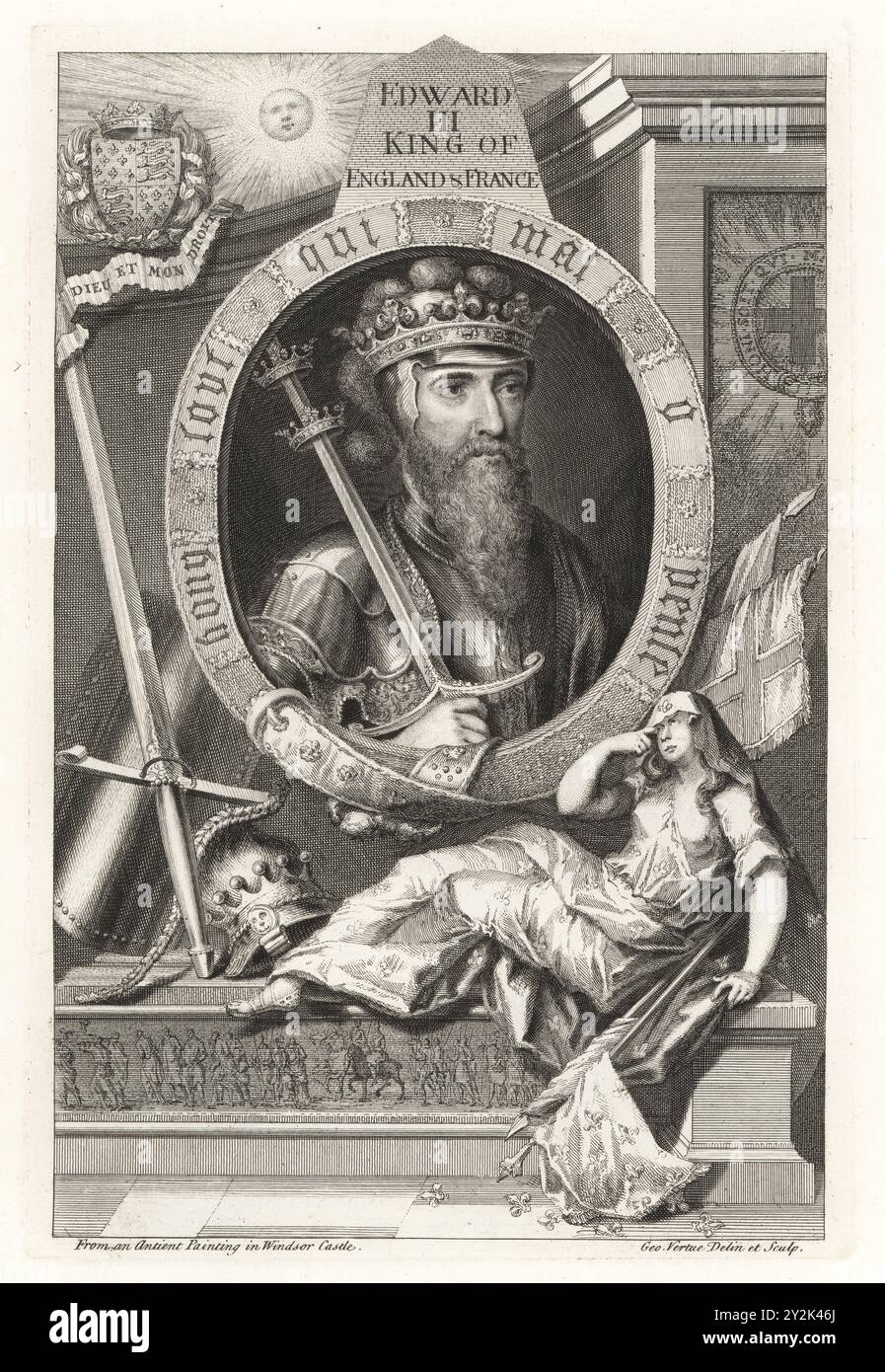 Eduard III., Eduard von Windsor, König von England und Frankreich, 1312–1377. Ovales Porträt mit Krone und Schwert, in Militärruder und Rüstung. Mit Sonne, Wappen, Standards, allegorische Figur von Britannia. Vignette des Königs mit gefangenen Feinden. Von einem antiken Gemälde in Windsor Castle. Kupferstich gezeichnet und graviert von George Vertue aus seinen Köpfen der Könige von England, passend für Mr Rapins Geschichte, übersetzt von N. Tindal, gedruckt für James, John and Paul Knapton, London, 1736. Stockfoto