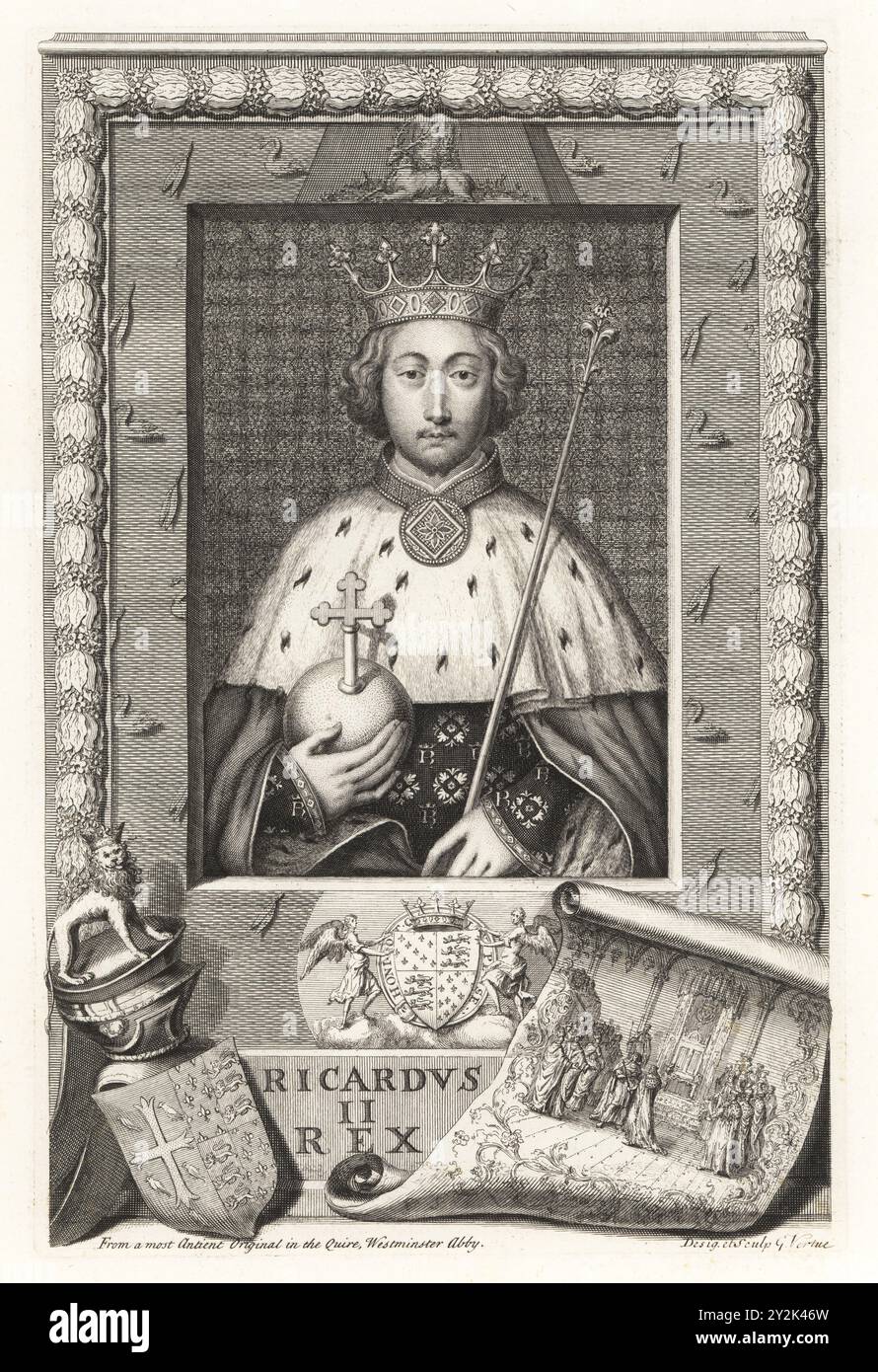 Richard II., König von England, Richard von Bordeaux, um 1367–1400. Ricardus II Rex. Porträt des Königs im Hermelinmantel mit Krone, Kugel und Zepter. Mit Vignette der Hofszene, Wappen, Ruder mit Löwenwappen. Von einem Gemälde in Westminster Abbey. Kupferstich gezeichnet und graviert von George Vertue aus seinen Köpfen der Könige von England, passend für Mr Rapins Geschichte, übersetzt von N. Tindal, gedruckt für James, John and Paul Knapton, London, 1736. Stockfoto