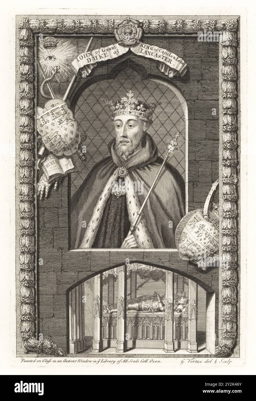 John of Gaunt, englischer Prinz, Militärführer und Staatsmann, 1340-1399. Porträt des Königs im Hermelinmantel, mit Krone und Zepter. Im Rahmen mit Wappen, Stulpen und Schwertern. Vignette seines Grabes mit Frau Blanche in der alten St. Paul's Cathedral. König von Kastilien und Leon, Herzog von Lancaster. Von einem Gemälde auf einem Glasfenster im All Souls College, Oxford. Kupferstich gezeichnet und graviert von George Vertue aus seinen Köpfen der Könige von England, passend für Mr Rapins Geschichte, übersetzt von N. Tindal, gedruckt für James, John and Paul Knapton, London, 1736. Stockfoto