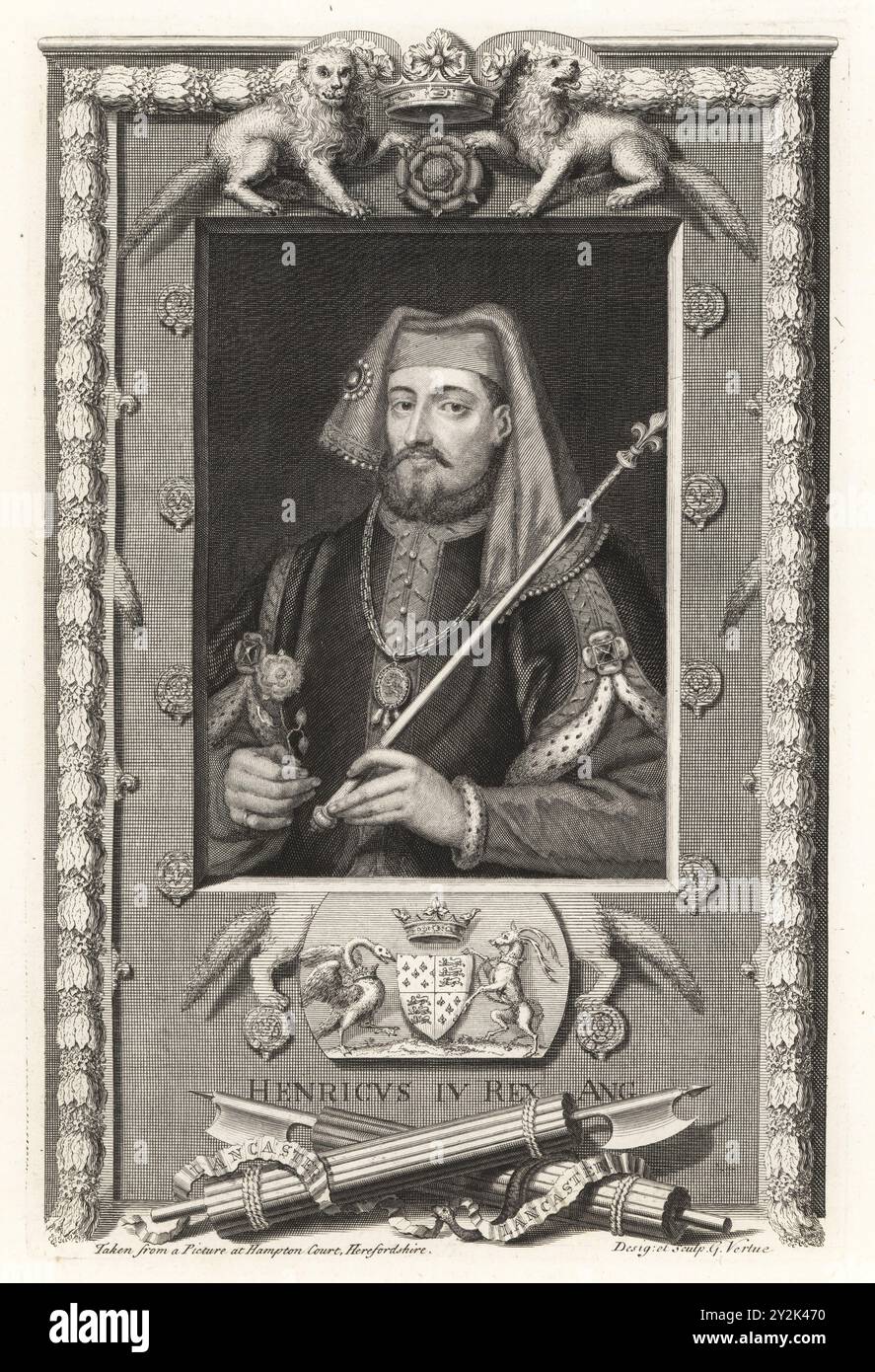 Heinrich IV., Henry Bolingbroke, König von England, 1367–1413. König in bejubeltem Chaperon, Hermelin-gefüttertem Dublett, mit Zepter und Rose. Mit Löwenwappen, Wappen, Faszie mit Lancaster-Bändern. Henricus IV Rex Ang. Von einem Gemälde in Hampton Court. Kupferstich gezeichnet und graviert von George Vertue aus seinen Köpfen der Könige von England, passend für Mr Rapins Geschichte, übersetzt von N. Tindal, gedruckt für James, John and Paul Knapton, London, 1736. Stockfoto
