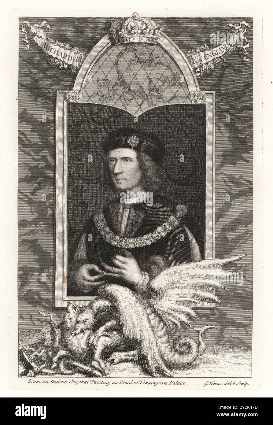 Richard III., König von England, 1452-1485. Mit Samtmütze, Wappen, goldenem Kragen, der einen Ring von seinem kleinen Finger entfernt. Vignette eines Drachen, der ein Wildschwein verschlingt, gefallene Krone, gebrochenes Zepter, Schlangen. Von einem Originalgemälde im Kensington Palace. Kupferstich gezeichnet und graviert von George Vertue aus seinen Köpfen der Könige von England, passend für Mr Rapins Geschichte, übersetzt von N. Tindal, gedruckt für James, John and Paul Knapton, London, 1736. Stockfoto