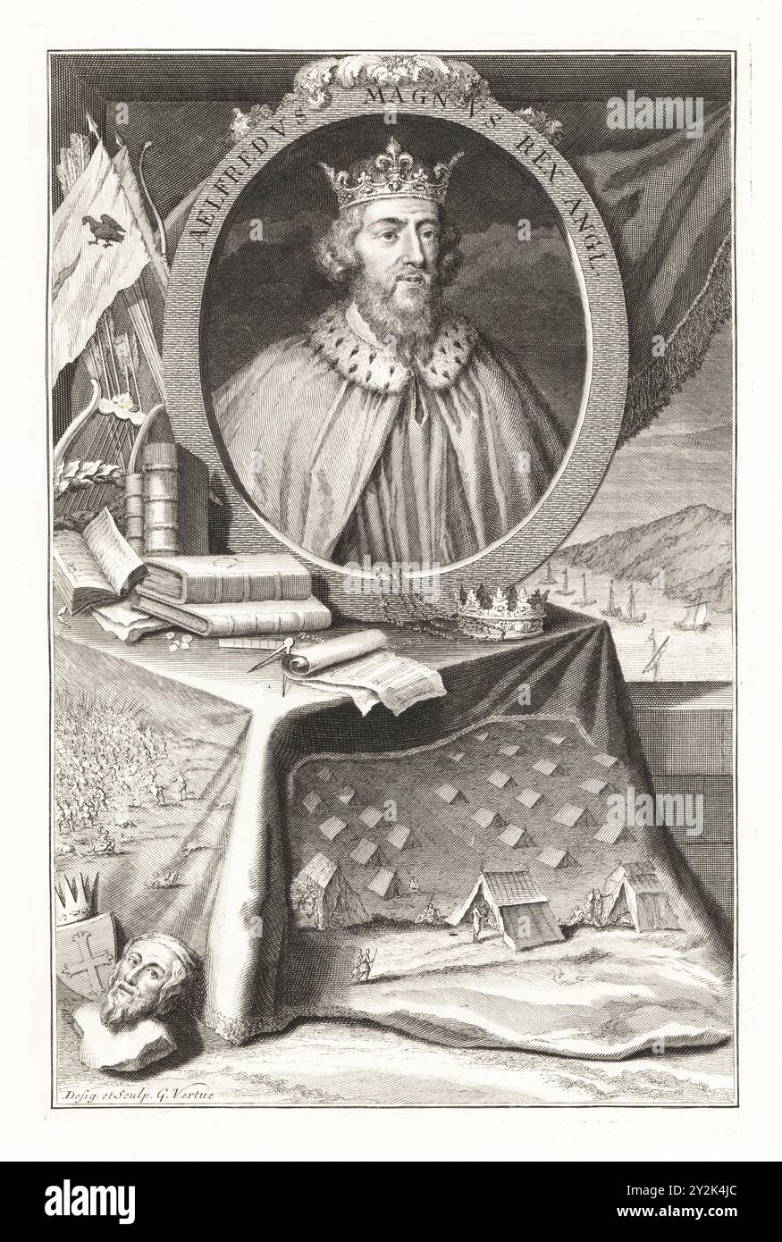 Alfred der große, König der Westsachsen, um 849-899. Aelfredus Magnus Rex Angl. Ovales Porträt des Königs in Krone und Hermelinmantel. Mit Leier, Wimpeln, Pfeilen, Büchern, Krone, Büste und Wappen. Vignetten von Militärlagern, Wikingerschiffen, Kriegsführung. Kupferstich gezeichnet und graviert von George Vertue aus seinen Köpfen der Könige von England, passend für Mr Rapins Geschichte, übersetzt von N. Tindal, gedruckt für James, John and Paul Knapton, London, 1736. Stockfoto
