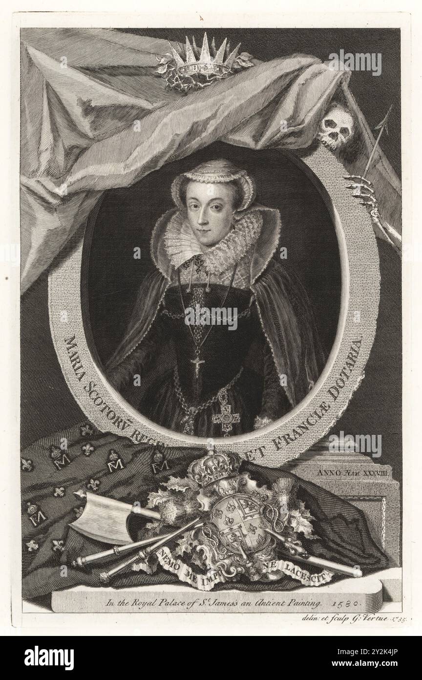 Mary Stuart, Königin der Schotten, Mary I. von Schottland, 1542-1587. Maria Scotoru Reg. Et Franciae Dotaria. Ovales Porträt in Kopfschmuck, Spitzenkragen, Mantel mit hohem Kragen, Gürtel und Kreuz. Krone, Vorhang und allegorische Skelettfigur des Todes mit Dart. Axt, Zepter, Krone und Wappen unten. Von einem Gemälde in der königlichen Palce of St. James. Kupferstich gezeichnet und graviert von George Vertue aus seinen Köpfen der Könige von England, passend für Mr Rapins Geschichte, übersetzt von N. Tindal, gedruckt für James, John and Paul Knapton, London, 1736. Stockfoto