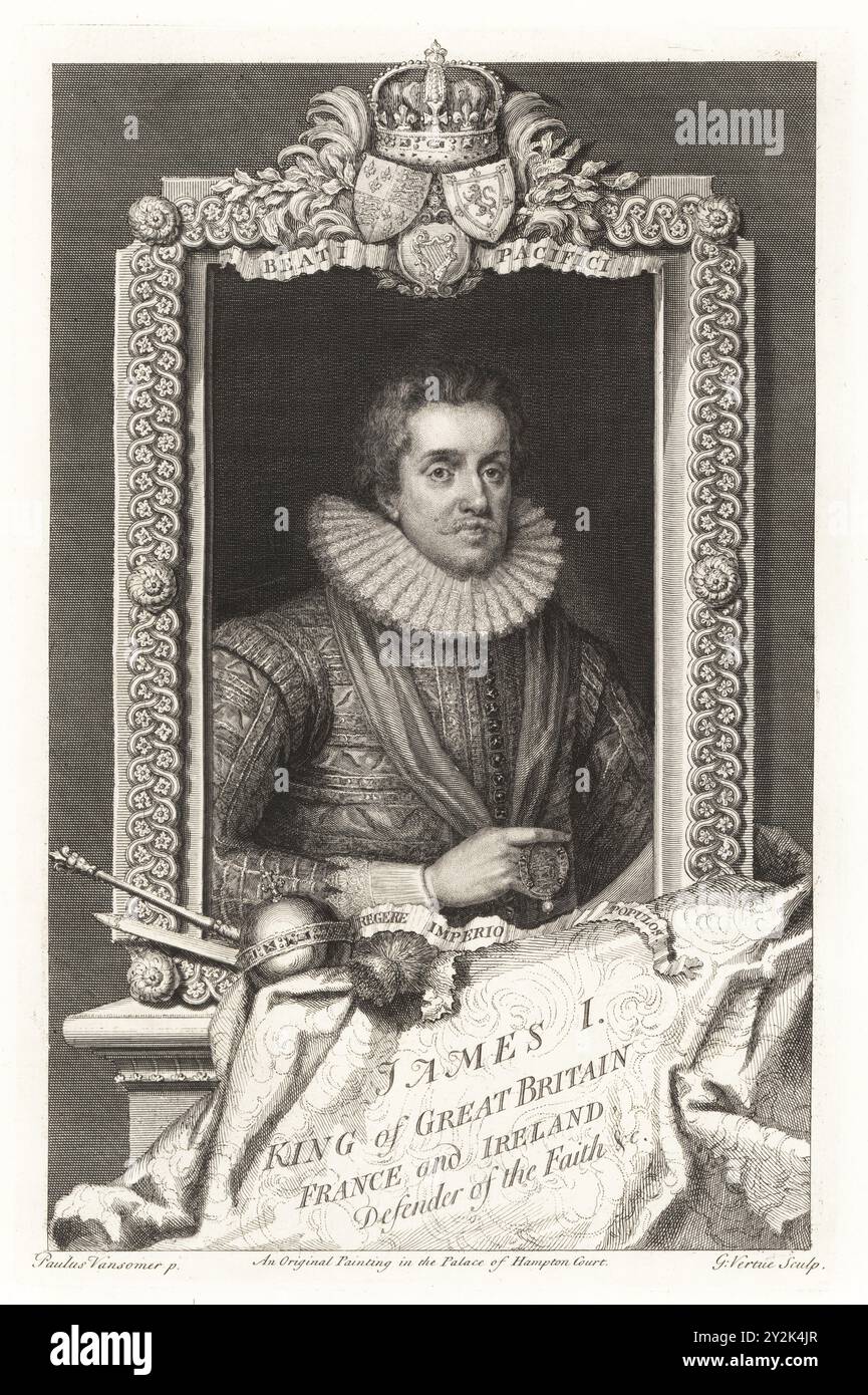 Jakob VI. Und I, König von Schottland und England, 1566-1625. Jakob I., König von Großbritannien, Frankreich und Irland. Porträt des Königs mit Spitzenkragen, Brokatdublett, mit Band des Garderoben-Ordens. Kugel, Zepter, Schwert, Distel unten. Von einem Gemälde im Hampton Court Palace. Kupferstich gezeichnet und graviert von George Vertue aus seinen Köpfen der Könige von England, passend für Mr Rapins Geschichte, übersetzt von N. Tindal, gedruckt für James, John and Paul Knapton, London, 1736. Stockfoto