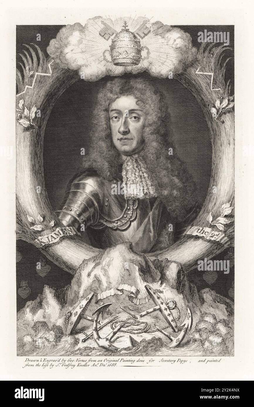 Jakob II., König von England, König Jakob VII. Oder Schottland, 1633–1701. James der zweite. Mit Puderperücke, Spitzenkragen, Rüstung. Nach einem Gemälde von Sir Godfrey Kneller für Sekretär Samuel Pepys. Mit Gehrung und Tasten oben, gebrochene Anker unten. Kupferstich gezeichnet und graviert von George Vertue aus seinen Köpfen der Könige von England, passend für Mr Rapins Geschichte, übersetzt von N. Tindal, gedruckt für James, John and Paul Knapton, London, 1736. Stockfoto Jakob II., König von England, König Jakob VII. Oder Schottland, 1633–1701. James der zweite. Mit Puderperücke, Spitzenkragen, Rüstung. Nach einem Gemälde von Sir Godfrey Kneller für Sekretär Samuel Pepys. Mit Gehrung und Tasten oben, gebrochene Anker unten. Kupferstich gezeichnet und graviert von George Vertue aus seinen Köpfen der Könige von England, passend für Mr Rapins Geschichte, übersetzt von N. Tindal, gedruckt für James, John and Paul Knapton, London, 1736. Stockfoto