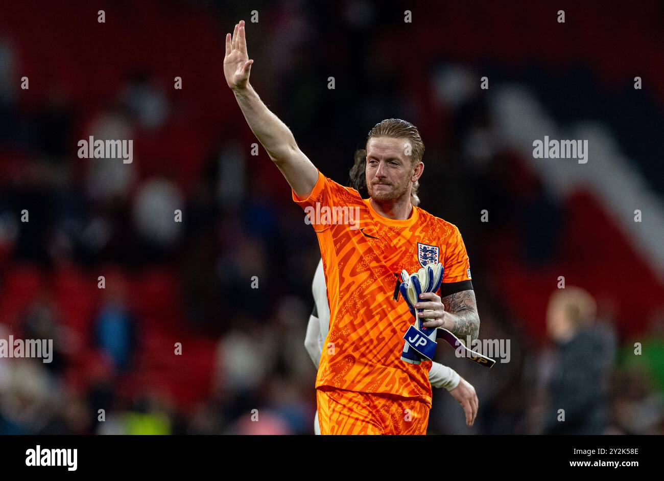 London, Großbritannien. September 2024. Englands Torhüter Jordan Pickford reagiert auf das Spiel der UEFA Nations League Gruppe B2 zwischen England und Finnland in London, Großbritannien am 10. September 2024. Quelle: Xinhua/Alamy Live News Stockfoto