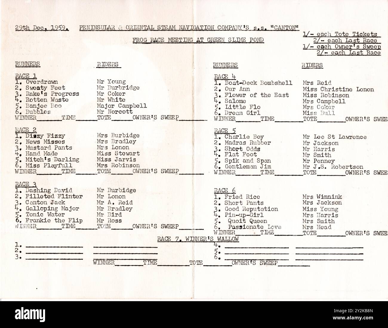 Vintage P&O Cruise Ocean Liner Steamship Kinderrennen-Karte vom S.S. Canton am 29. Dezember 1959 Stockfoto