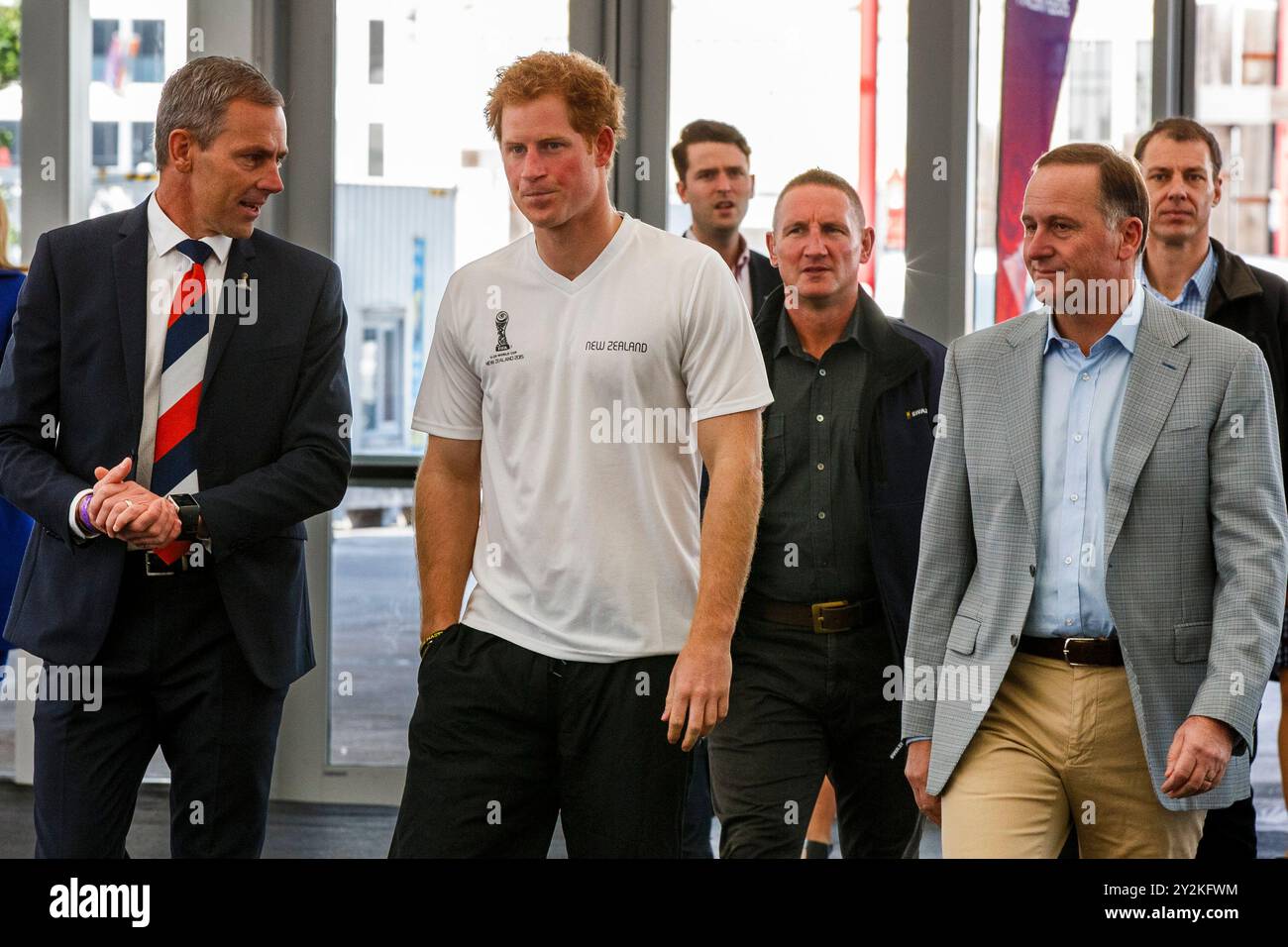 Prince Harry, der an einem Fünferspiel mit neuseeländischen U20-Spielern und Studenten teilnimmt, The Cloud, Auckland, Neuseeland, Samstag, Mai 2015. Stockfoto