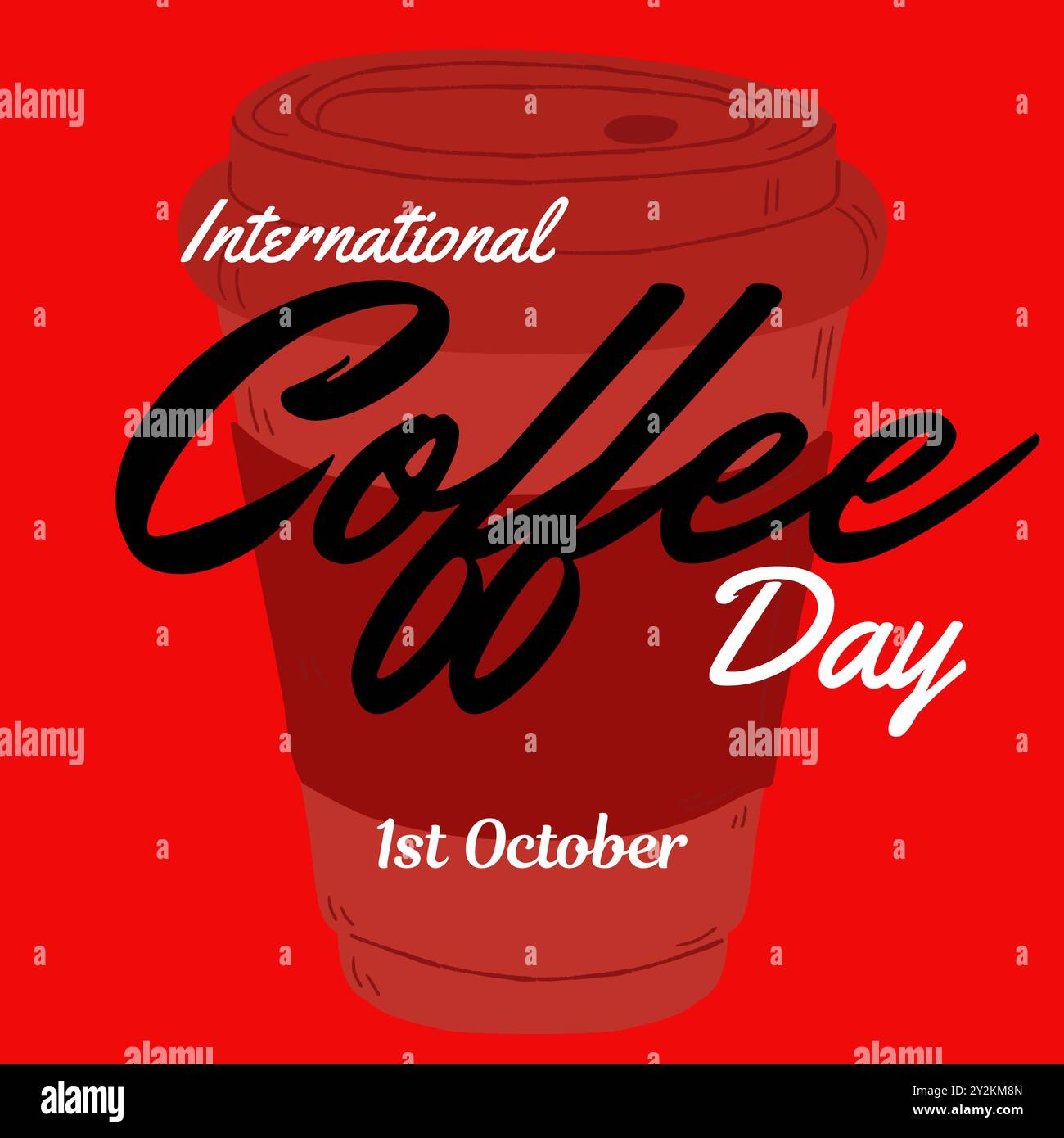 International Coffee Day einfache, handschriftliche Schriftzug mit realistischem Coffee Cup und Coffee Ornaments. Beginnen Sie Ihren Tag mit Kaffee, isoliert Stock Vektor