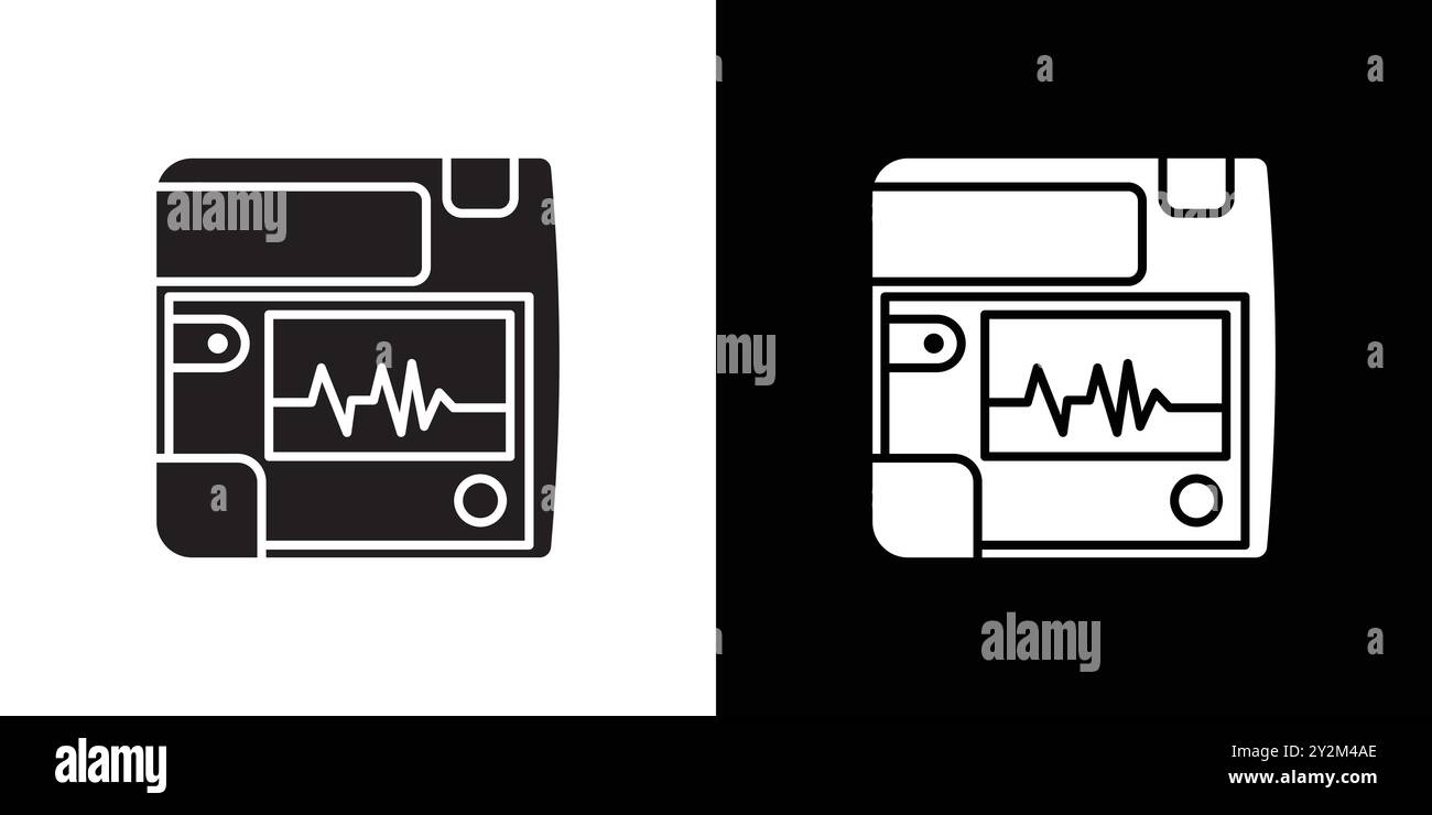 Symbol für den Rettungsdefibrillator Schwarze Linie Kunstvektor in Schwarz-weiß-Umrandung Set-Entnahmeschild Stock Vektor