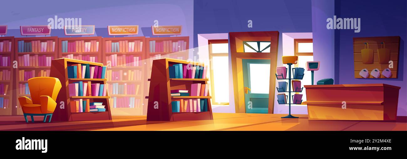 Buchhandlung mit Büchern in Regalen und Regalen, Sessel für Kunden und Theke mit Kasse, Eingangstür und Fenstern. Comic-Vektor-Shop mit Literatur für Lesen und Bildung. Stock Vektor