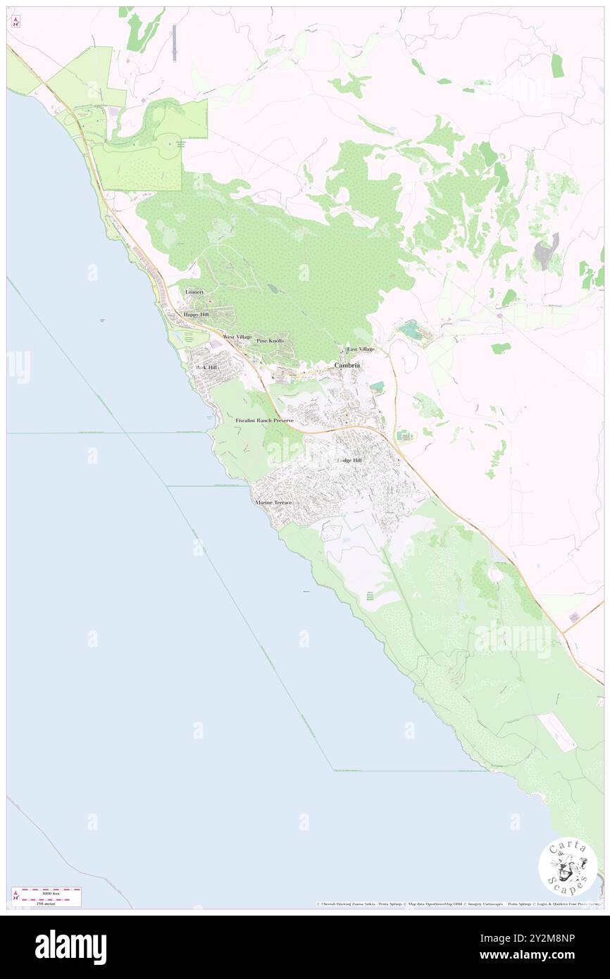 Cambria, San Luis Obispo County, USA, USA, Kalifornien, N 35 33' 50''', S 121 4' 50''', Karte, Cartascapes Map, veröffentlicht 2024. Erkunden Sie Cartascapes, eine Karte, die die vielfältigen Landschaften, Kulturen und Ökosysteme der Erde enthüllt. Reisen Sie durch Zeit und Raum und entdecken Sie die Verflechtungen der Vergangenheit, Gegenwart und Zukunft unseres Planeten. Stockfoto