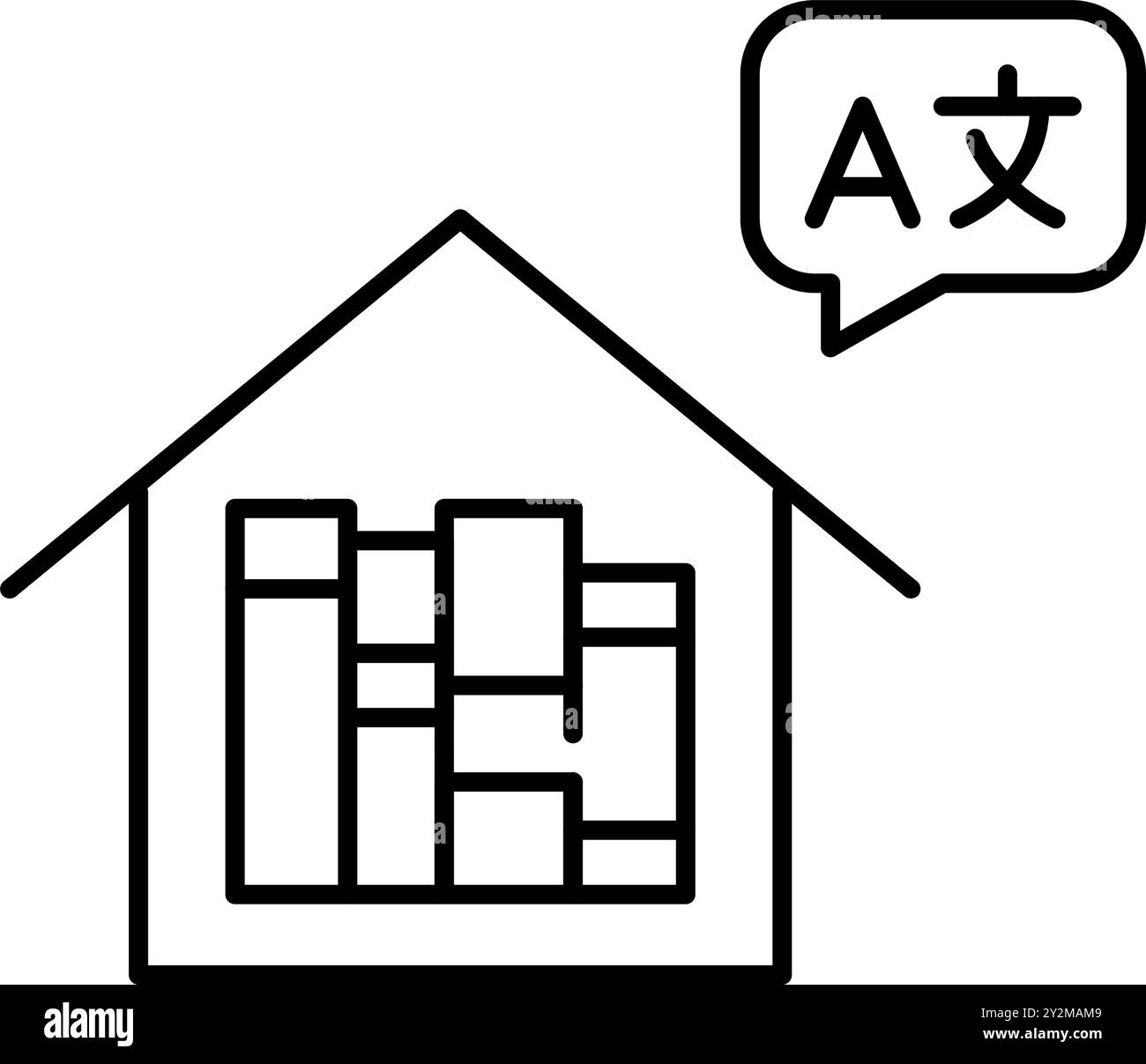 Buch im Haus und Fremdsprachensymbole in Sprachblase. Lateinischer Buchstabe und chinesischer Buchstabe. Globale Bibliothek. Pixelperfekter, bearbeitbarer Strich VEC Stock Vektor