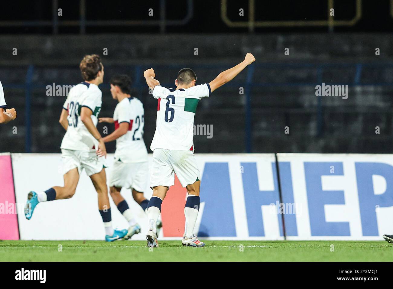 Zagreb, Kroatien. September 2024. Der portugiesische Spieler Vasco Sousa feiert am 10. September 2024 im Branko Cavlovic Cavlek Stadion in Karlovac, Kroatien, das Tor während der Qualifikation für die U-21-Europameisterschaft zwischen Kroatien und Portugal. Foto: Luka Stanzl/PIXSELL Credit: Pixsell/Alamy Live News Stockfoto