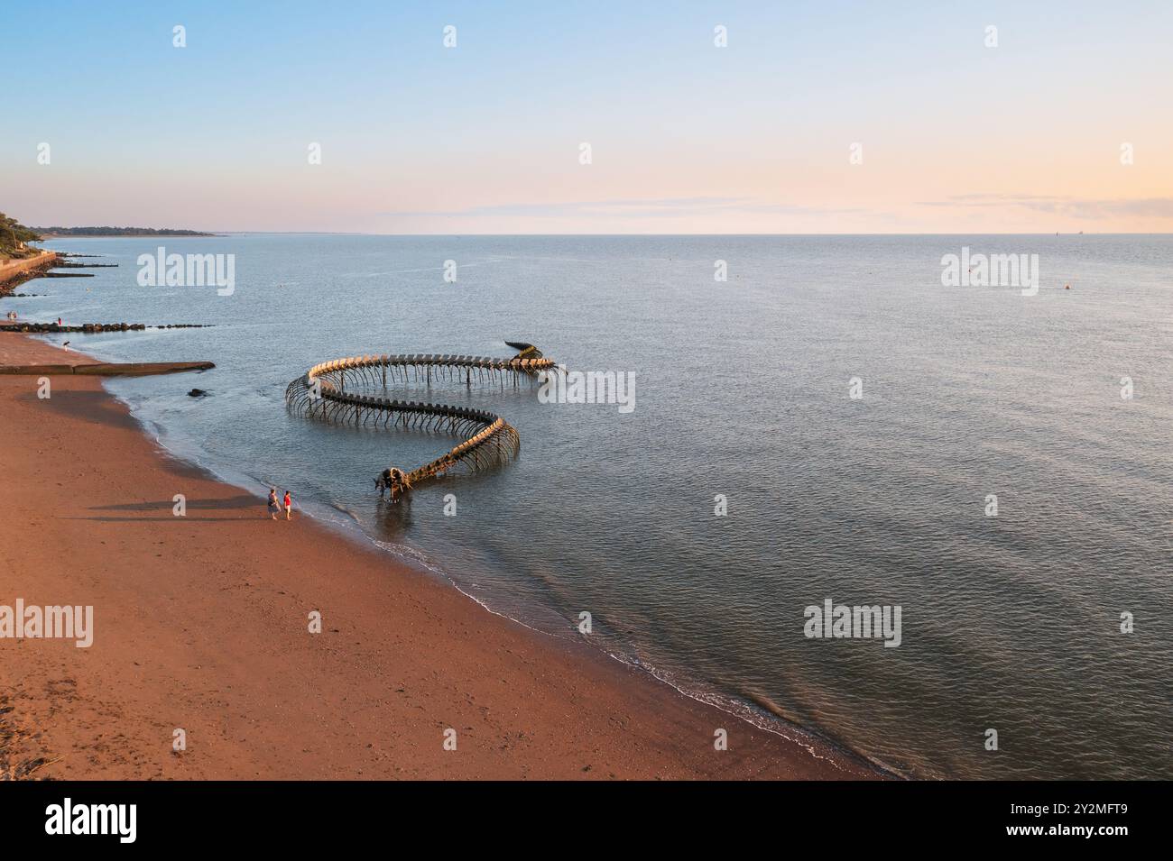 Die Meeresschlange ist ein Werk des Künstlers Huang Yong Ping. Das Skelett einer langen Seeschlange – Frankreich, Loire Atlantique, St. Brévin the Stockfoto