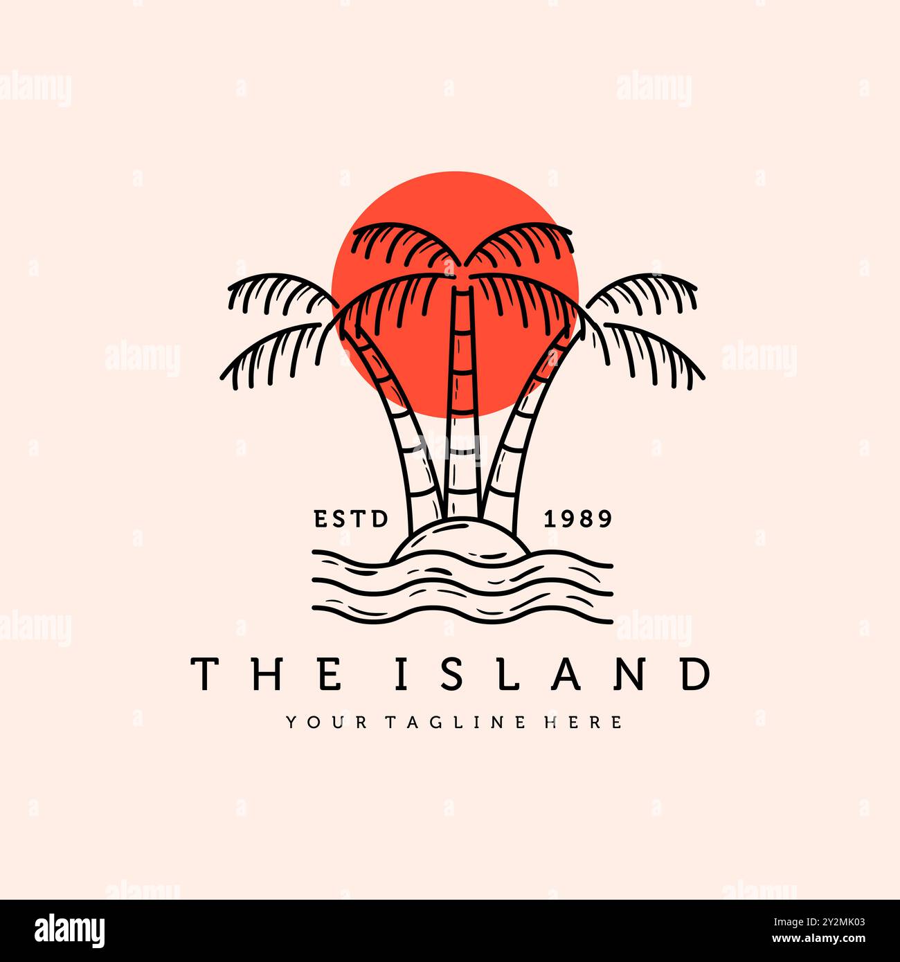 Palme oder Coconut Line Art Logo Vektor Illustration Design. Handgezeichnetes Vintage-Logo-Design. Sunset In The Island Logo-Konzept. Stock Vektor