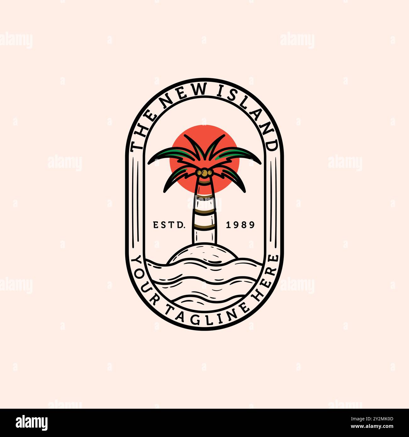 Palme oder Coconut Line Art Logo Vektor Illustration Design. Handgezeichnetes Vintage-Logo-Design. Sunset In The Island Logo-Konzept. Stock Vektor