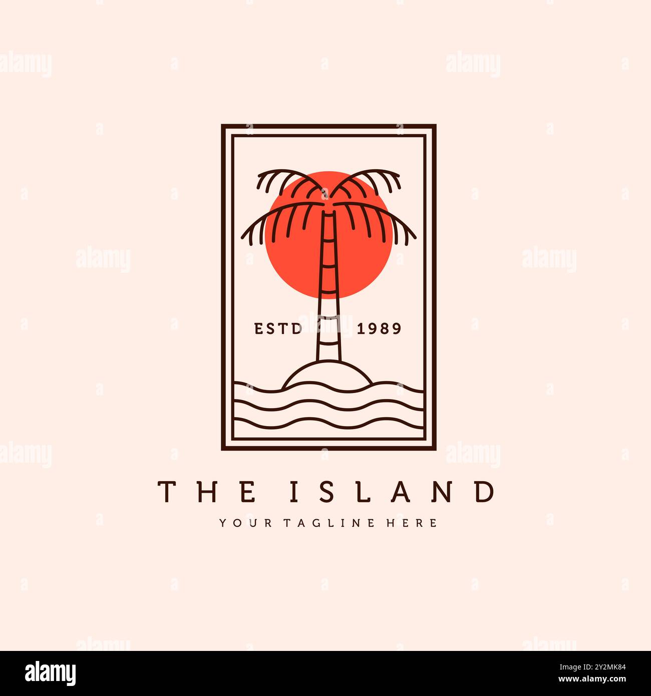 Palme oder Coconut Line Art Logo Vektor Illustration Design. Handgezeichnetes Vintage-Logo-Design. Sunset In The Island Logo-Konzept. Stock Vektor