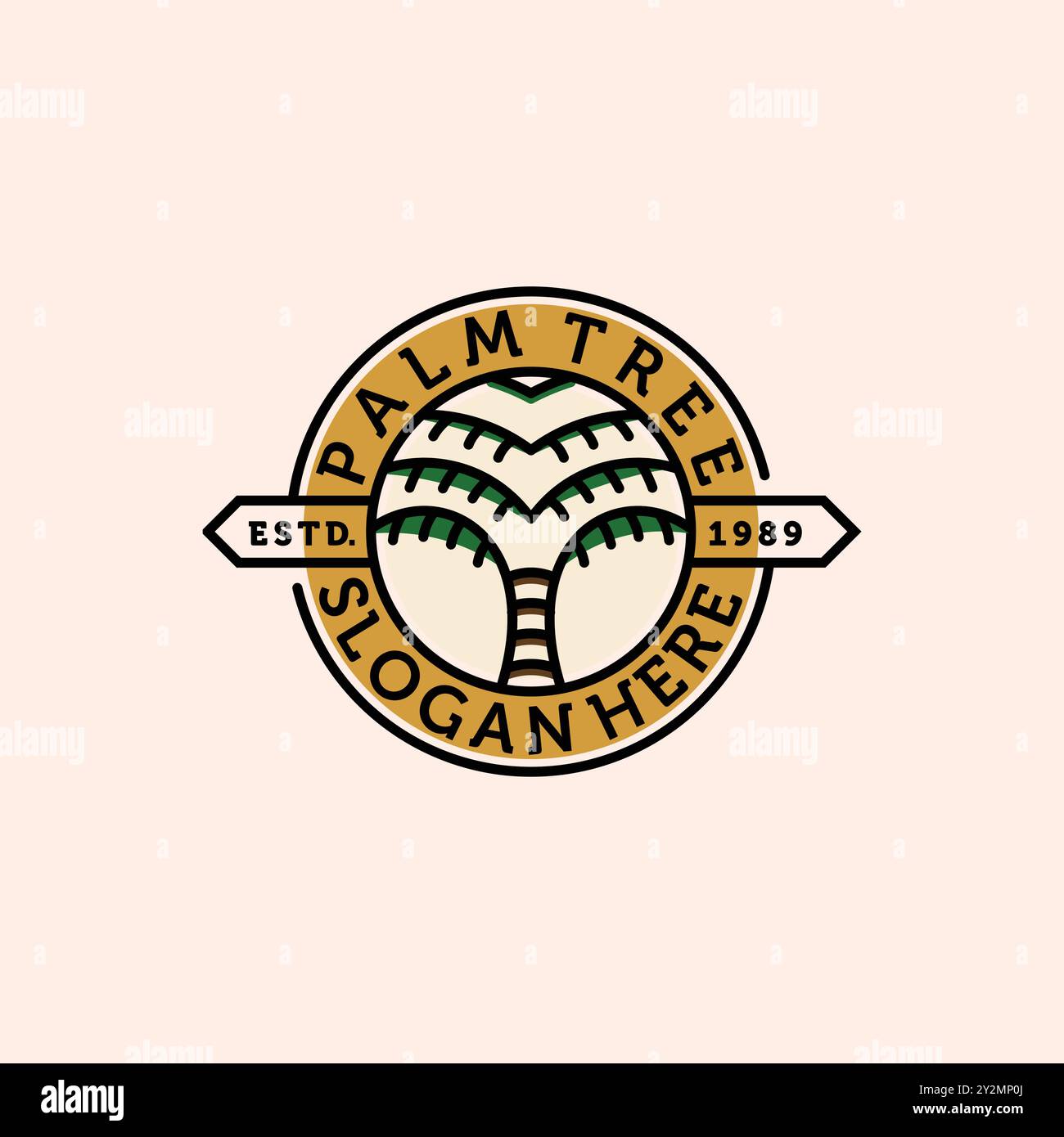 Palme oder Coconut Line Art Logo Vektor Illustration Design. Handgezeichnetes Vintage-Logo-Design. Sunset In The Island Logo-Konzept. Stock Vektor