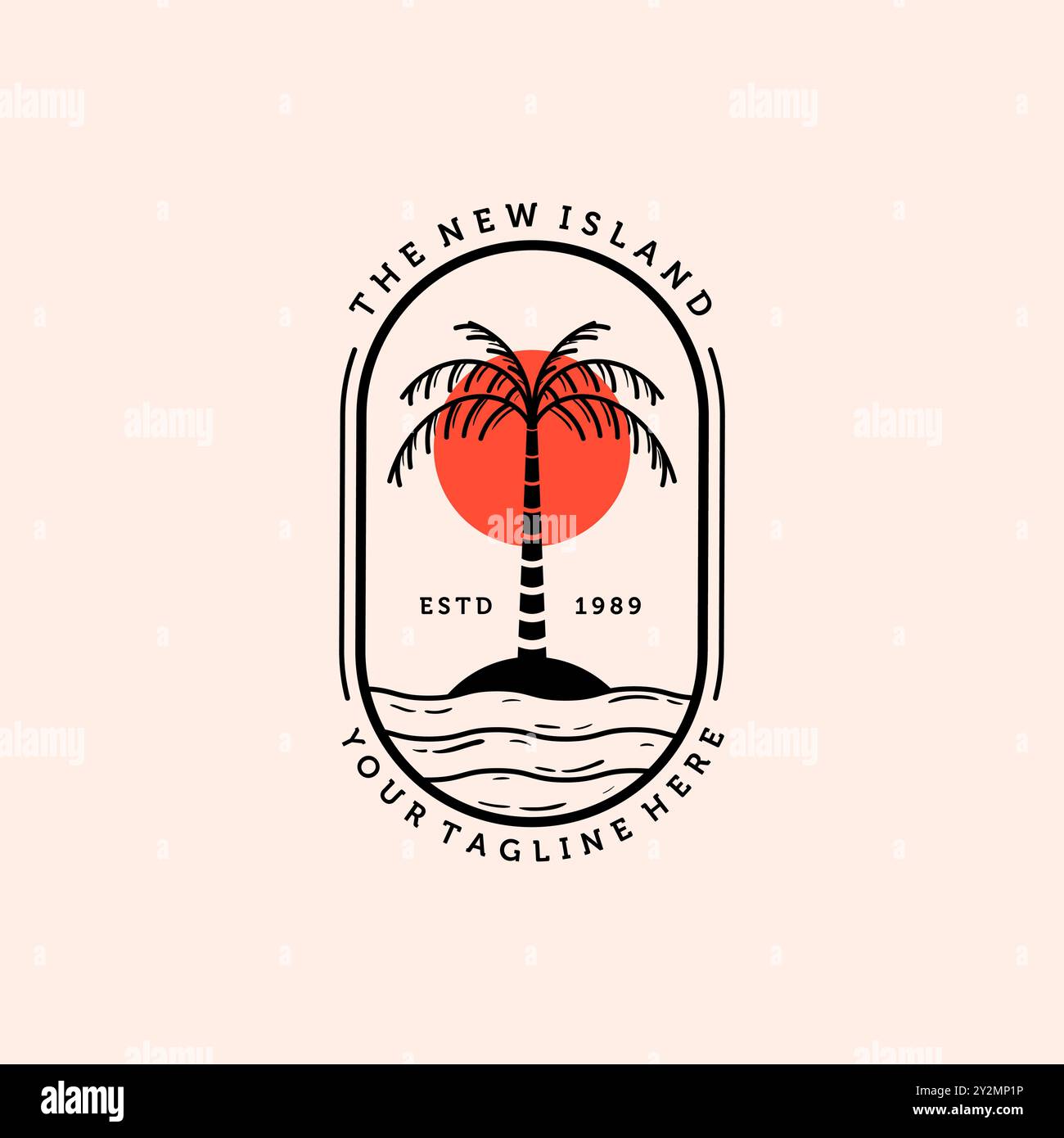 Palme oder Coconut Line Art Logo Vektor Illustration Design. Handgezeichnetes Vintage-Logo-Design. Sunset In The Island Logo-Konzept. Stock Vektor