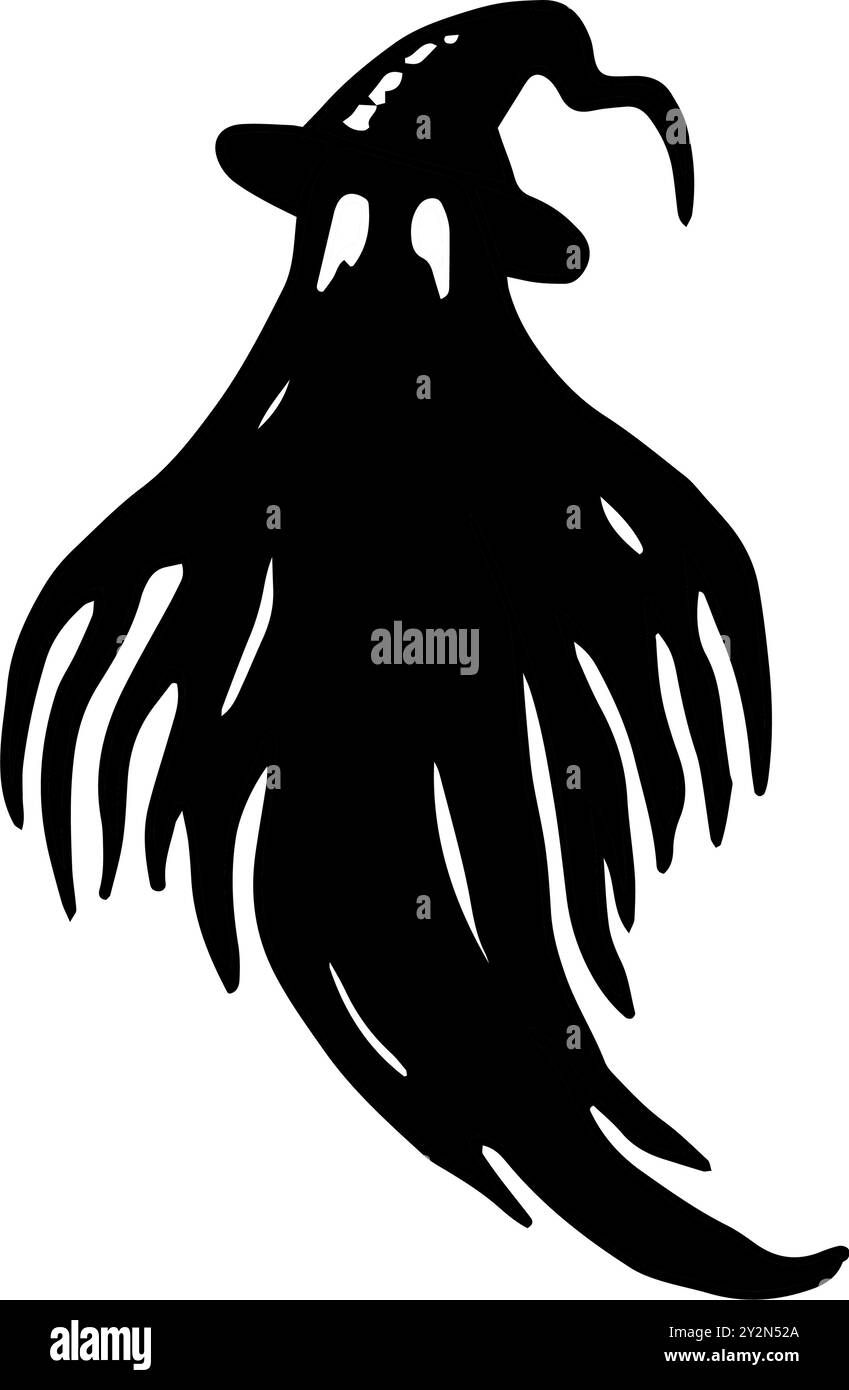 Gruseliger Geist im Hut. Halloween Grafik Illustration. Handgezeichnete Silhouette der isolierten Linie. Monochrome gruselige Monster Clipart für Einladung, gruselige Ferien Stock Vektor
