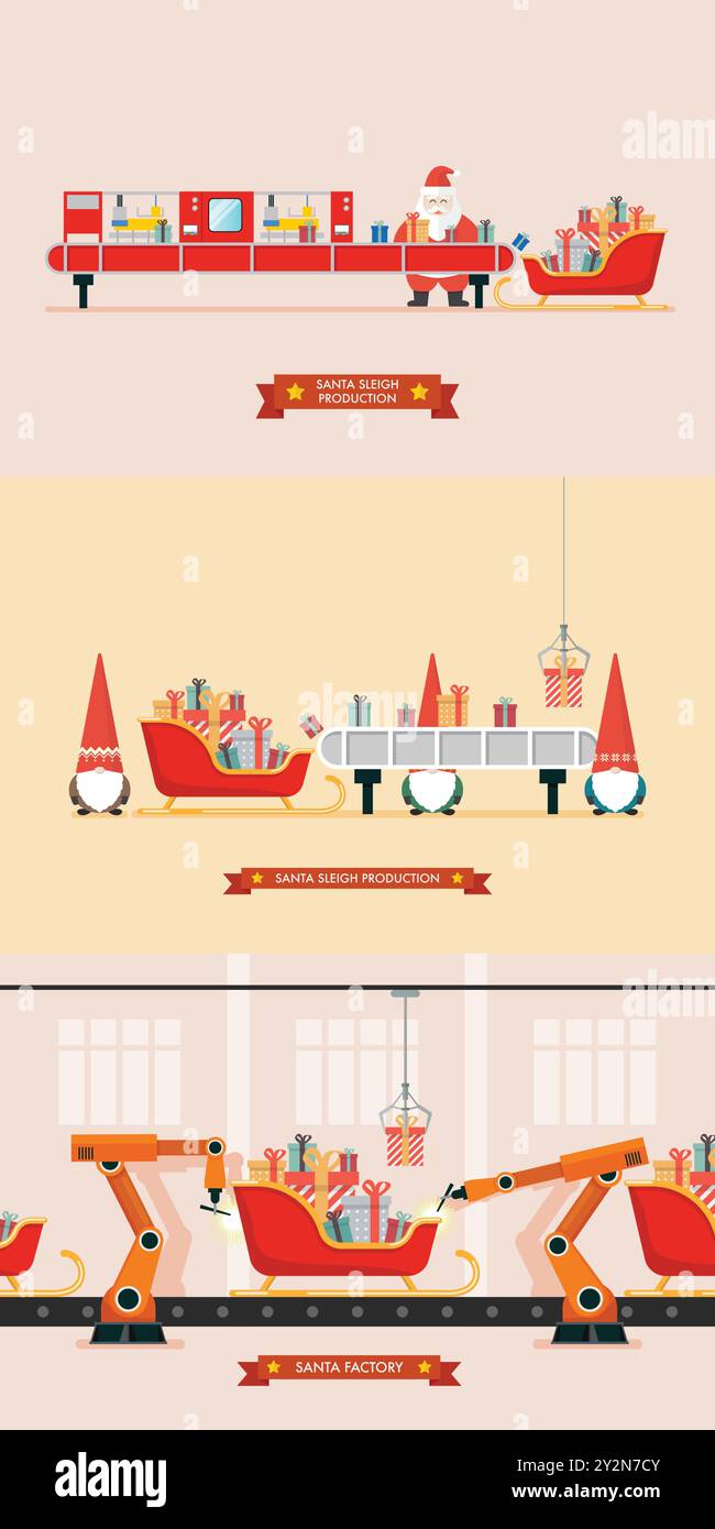 Die Produktion von Santa-Schlitten ermöglicht Roboterarme, die die Automobilproduktion unterstützen. Smart sants Factory Industrial. Vektorabbildung Stock Vektor