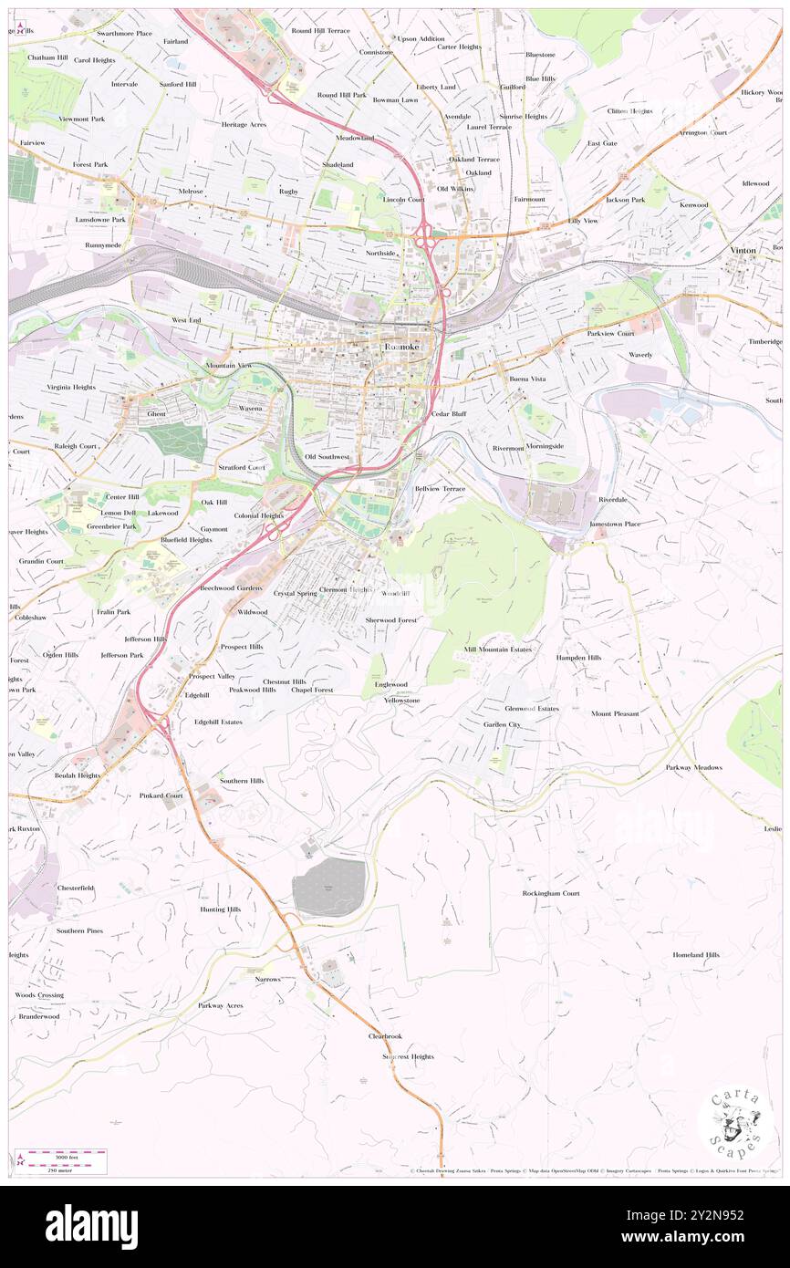 Woodcliff, City of Roanoke, USA, USA, Virginia, n 37 14' 43''', S 79 56' 32'', Karte, Cartascapes Map, veröffentlicht 2024. Erkunden Sie Cartascapes, eine Karte, die die vielfältigen Landschaften, Kulturen und Ökosysteme der Erde enthüllt. Reisen Sie durch Zeit und Raum und entdecken Sie die Verflechtungen der Vergangenheit, Gegenwart und Zukunft unseres Planeten. Stockfoto