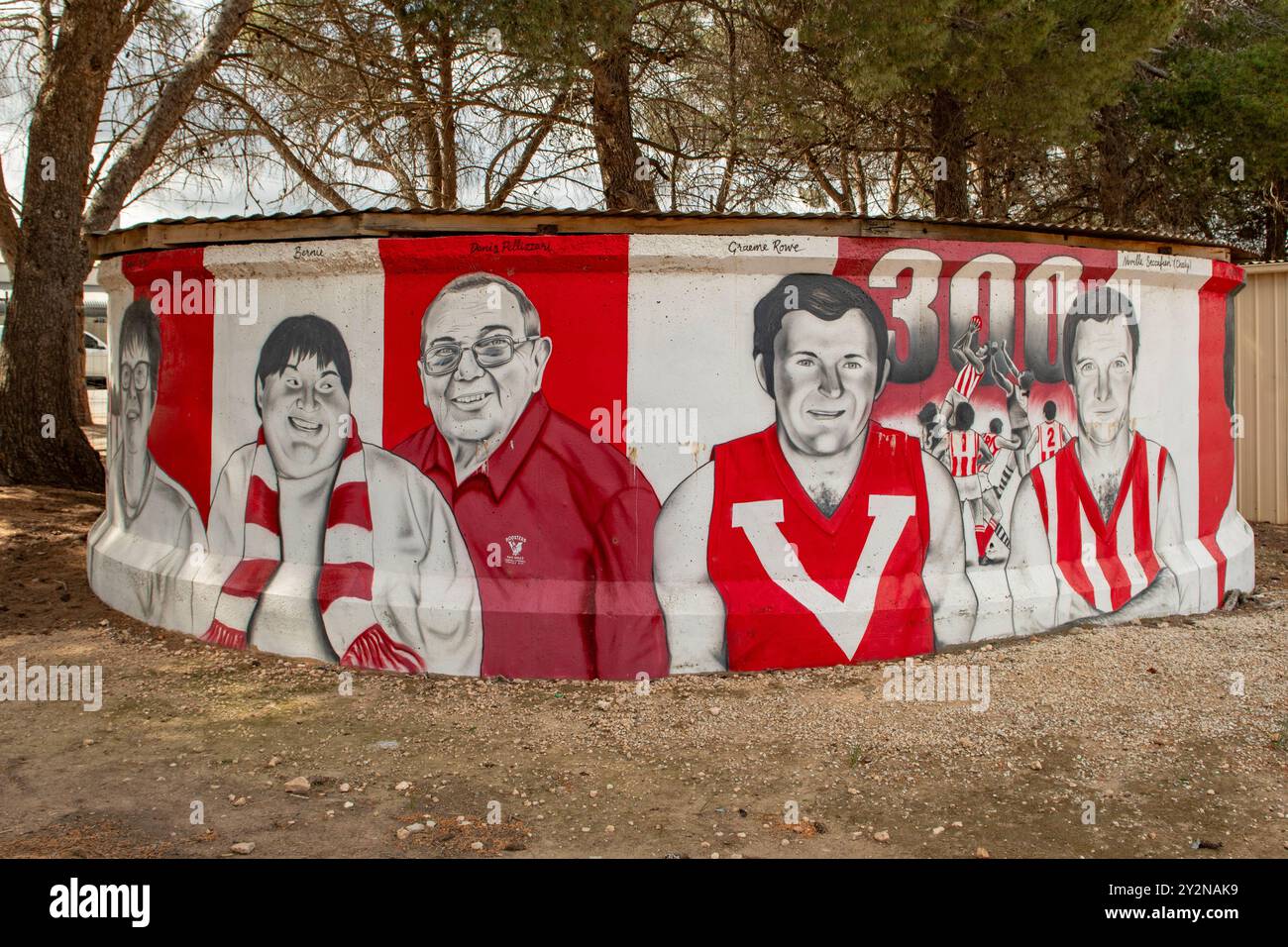 Local Sports Players Water Tank Art von Kyle Armstrong, Two Wells, South Australia, Australien Stockfoto