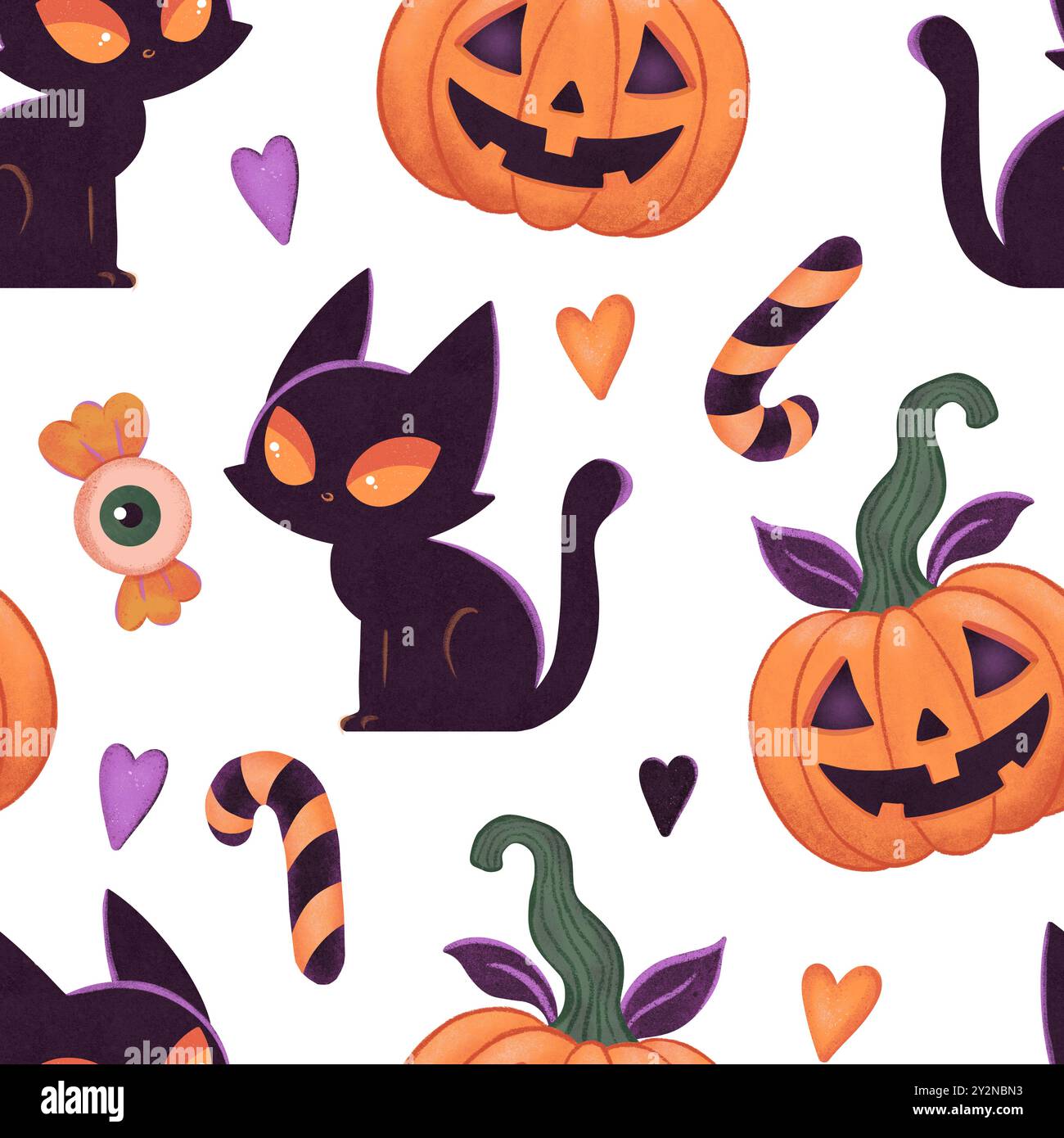 Halloween Kürbisse und schwarze Katzen nahtloses Muster auf weiß. Handgezeichnete, unheimliche, lustige orangefarbene Kürbisse. Süßigkeiten, Augapfel Stockfoto