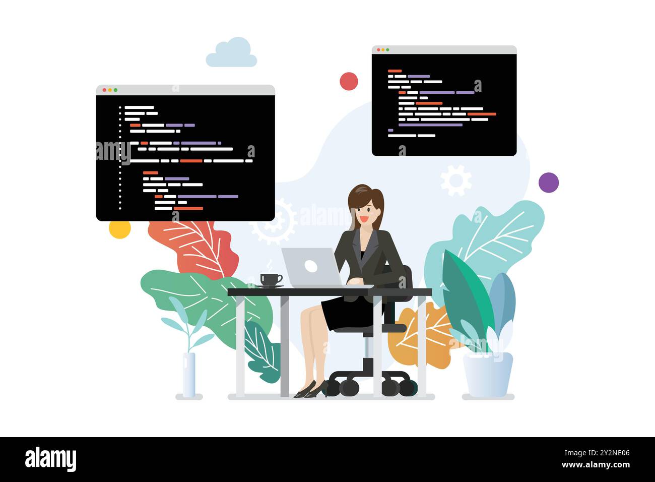 Programmiererin schreibt Code auf Laptop. Vektorabbildung Stock Vektor