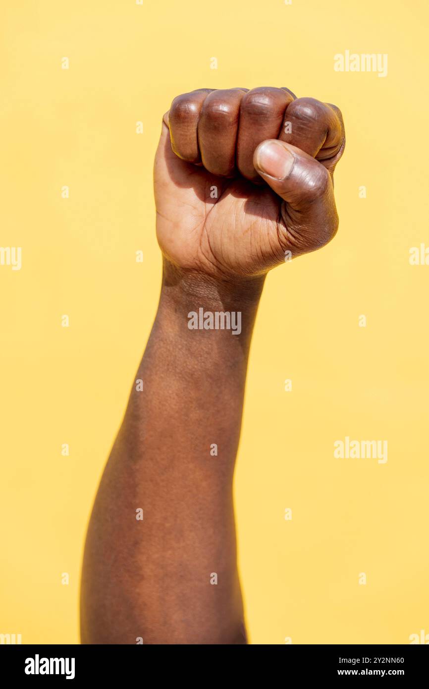 Vertikales Foto einer erhobenen Faust eines schwarzen Mannes Stockfoto