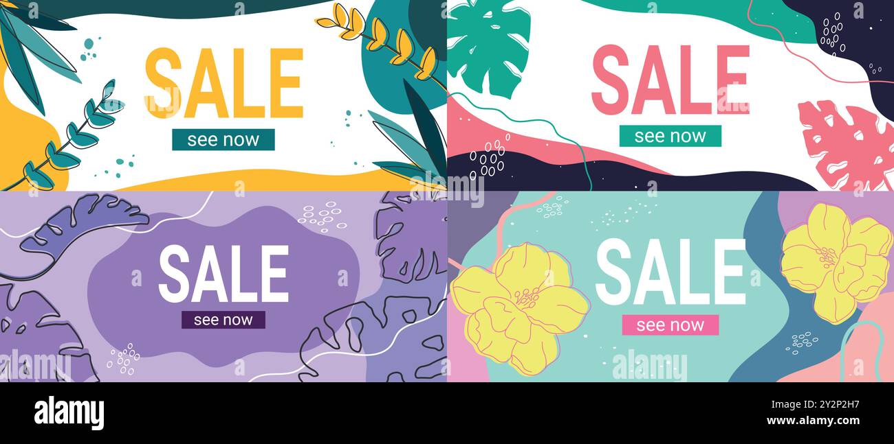 Sale Banner Set. Bright Sale-Vorlagen mit abstrakten Formen und Blättern. Verkaufs- und Rabattkonzept. Vektorabbildung. Stock Vektor