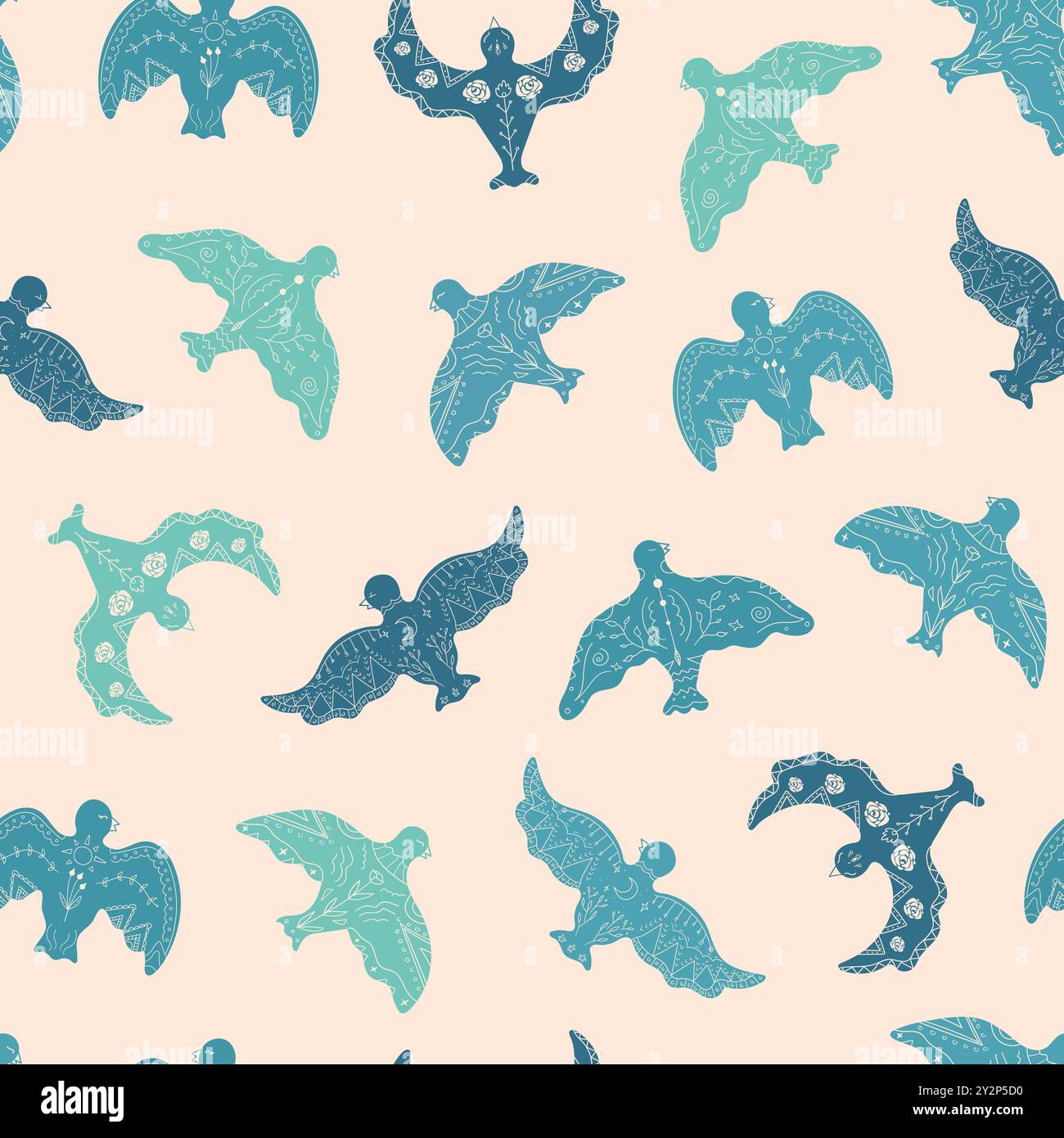 Handgezeichnete Tauben mit botanischen Ornamenten nahtlosem Muster. Blaues Muster fliegende Vögel. Vektorabbildung Stock Vektor