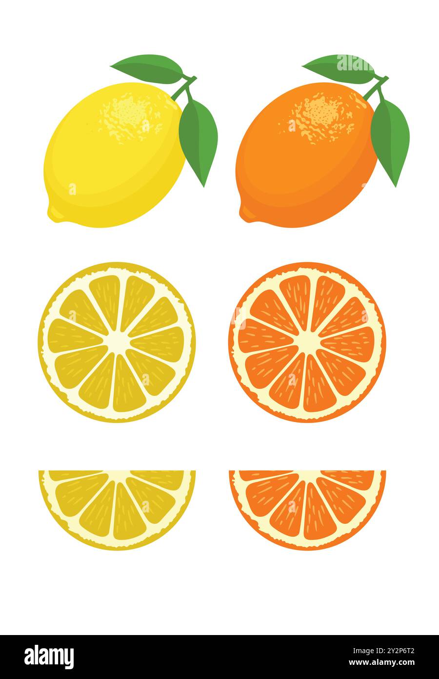 Satz Zitronenscheibe Zitronenfrucht und Blatt auf weißem Hintergrund Vektor-Illustration. Stock Vektor